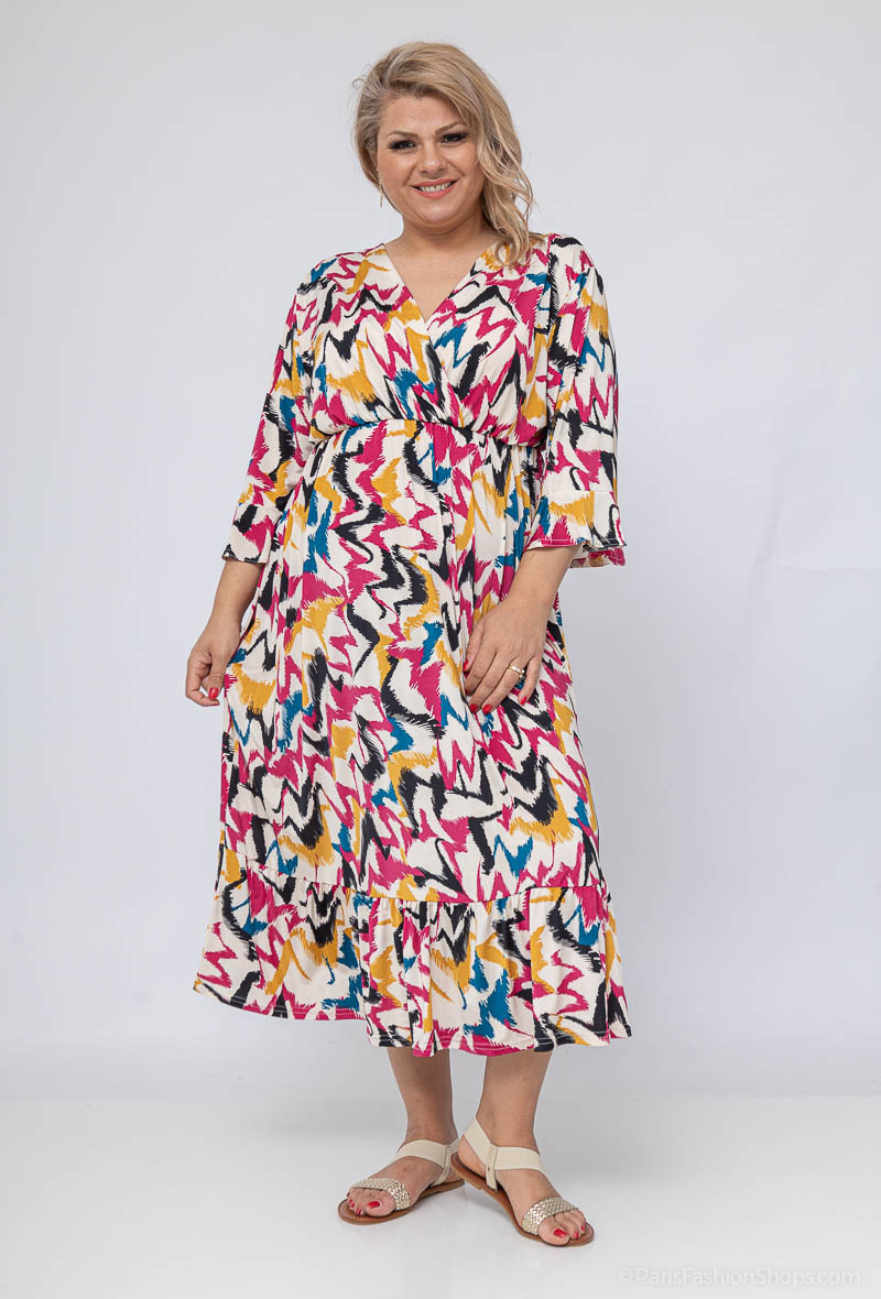 Wholesaler 2W Paris - Flared sleeve print trapeze dress with ruffles