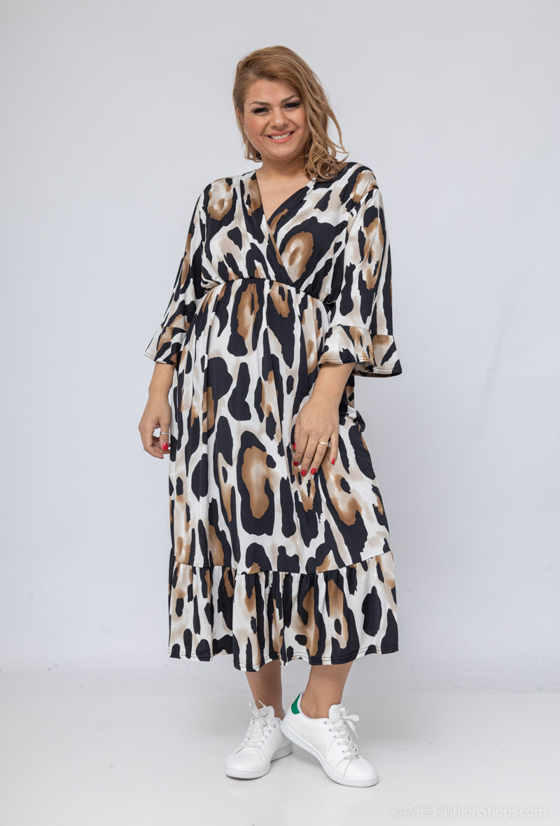 Mayorista 2W Paris - Vestido trapecio estampado manga evasé y volantes