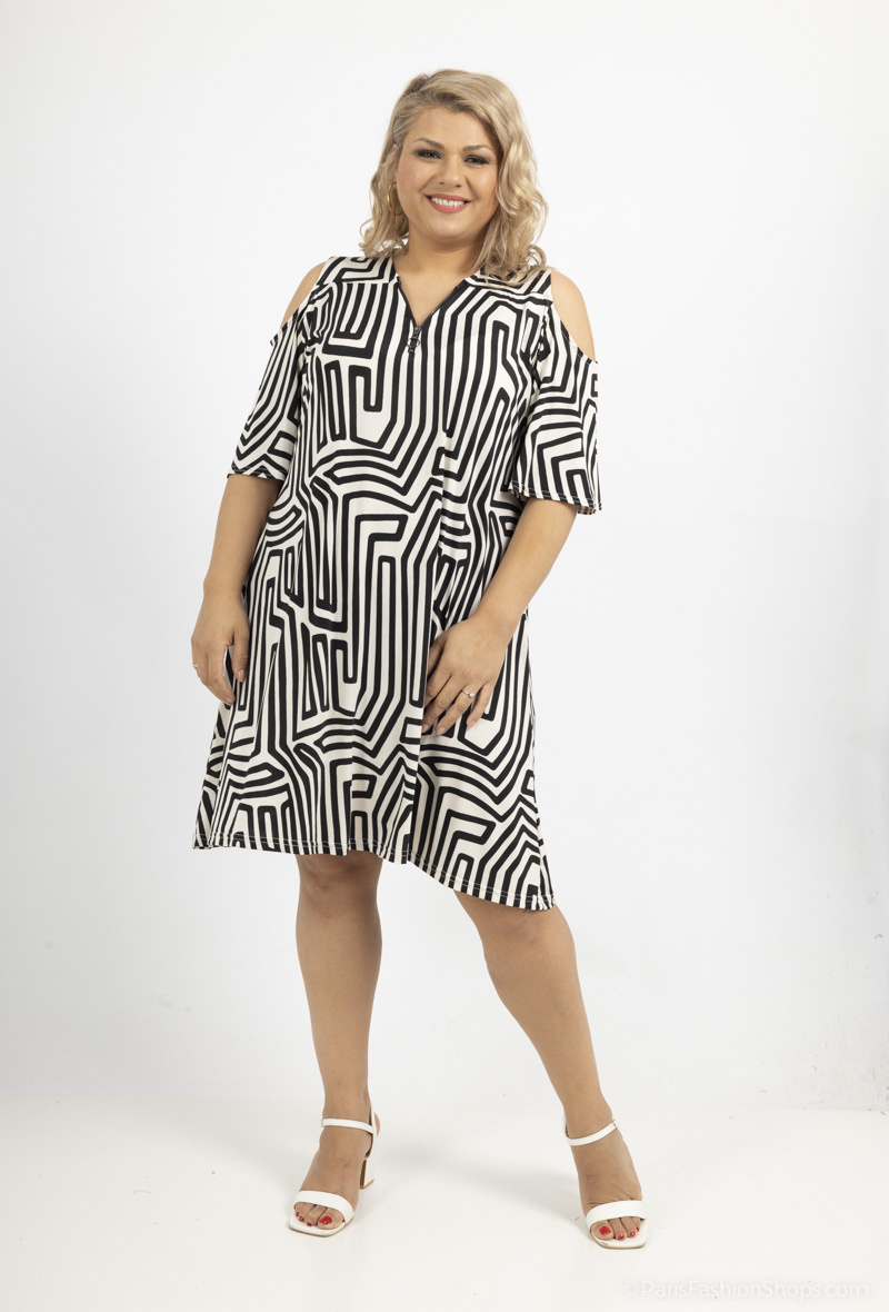 Wholesaler 2W Paris - Printed tunic dress with off-the-shoulder sleeves and zip collar