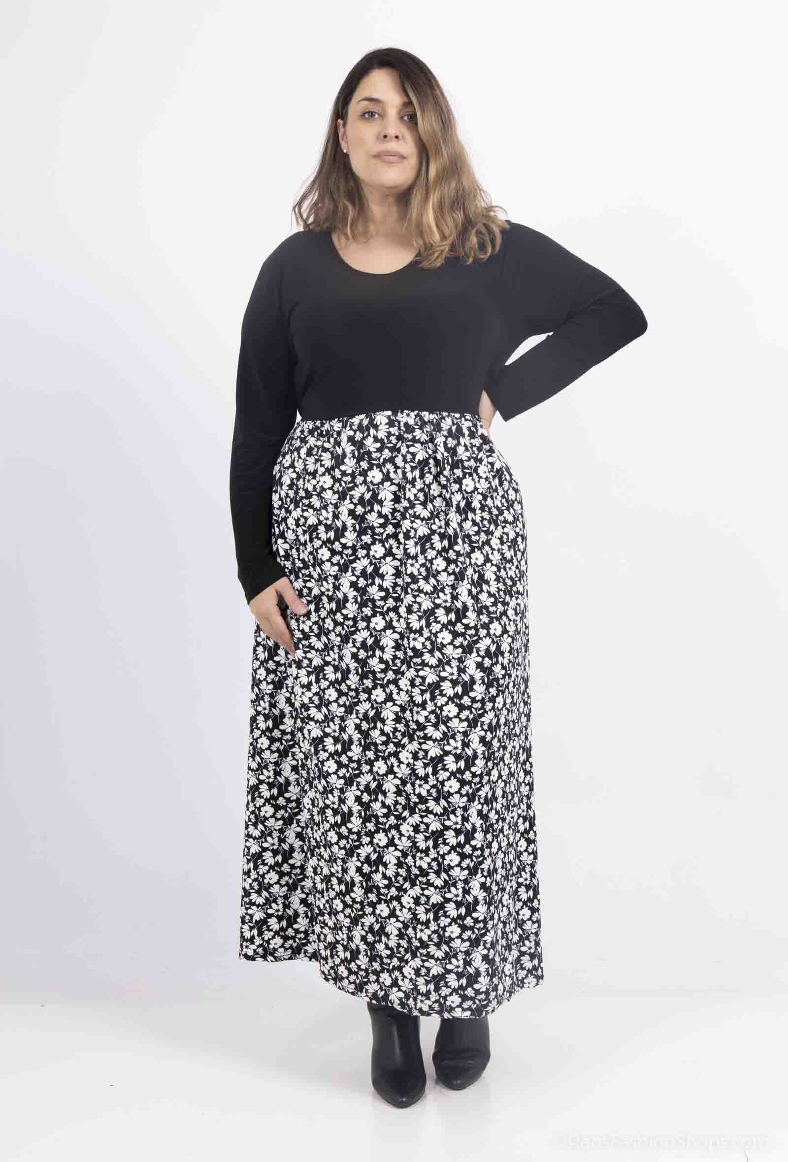 Wholesaler 2W Paris - Two-tone round neck belted and flared dress with small flowers