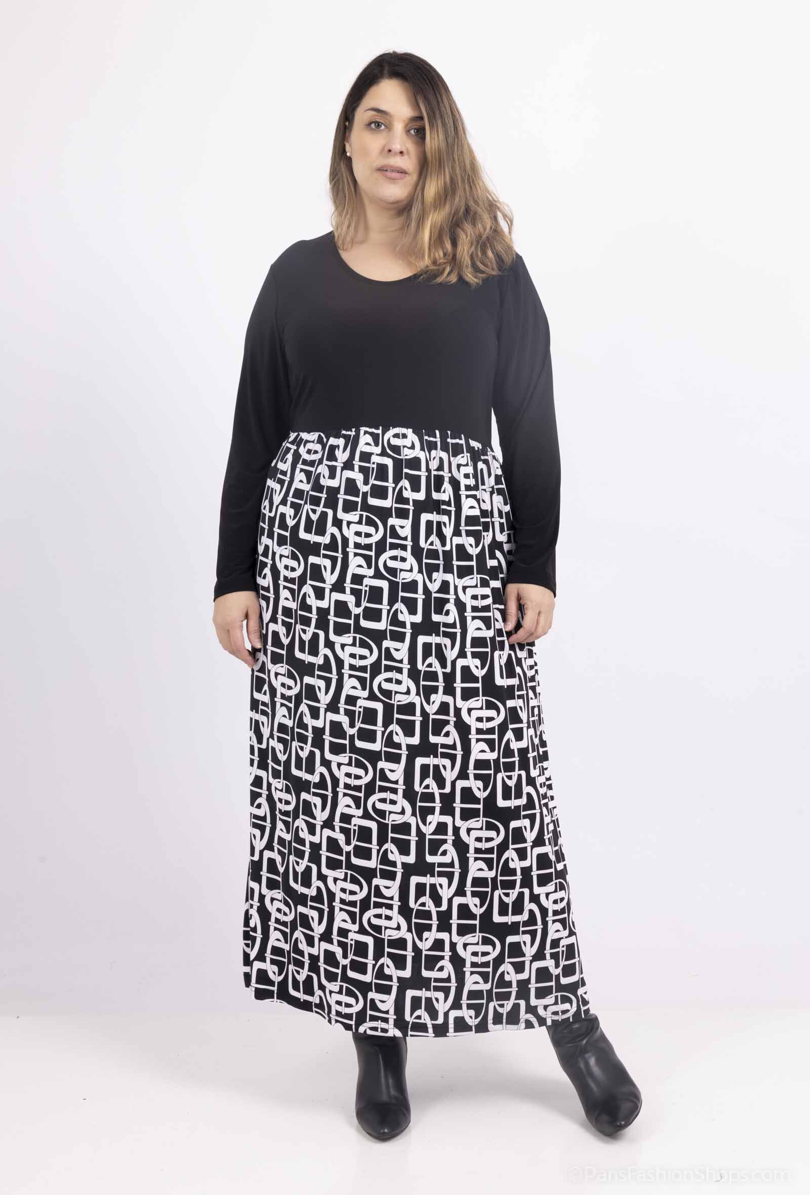 Wholesaler 2W Paris - Two-tone round neck belted and flared dress with square chain