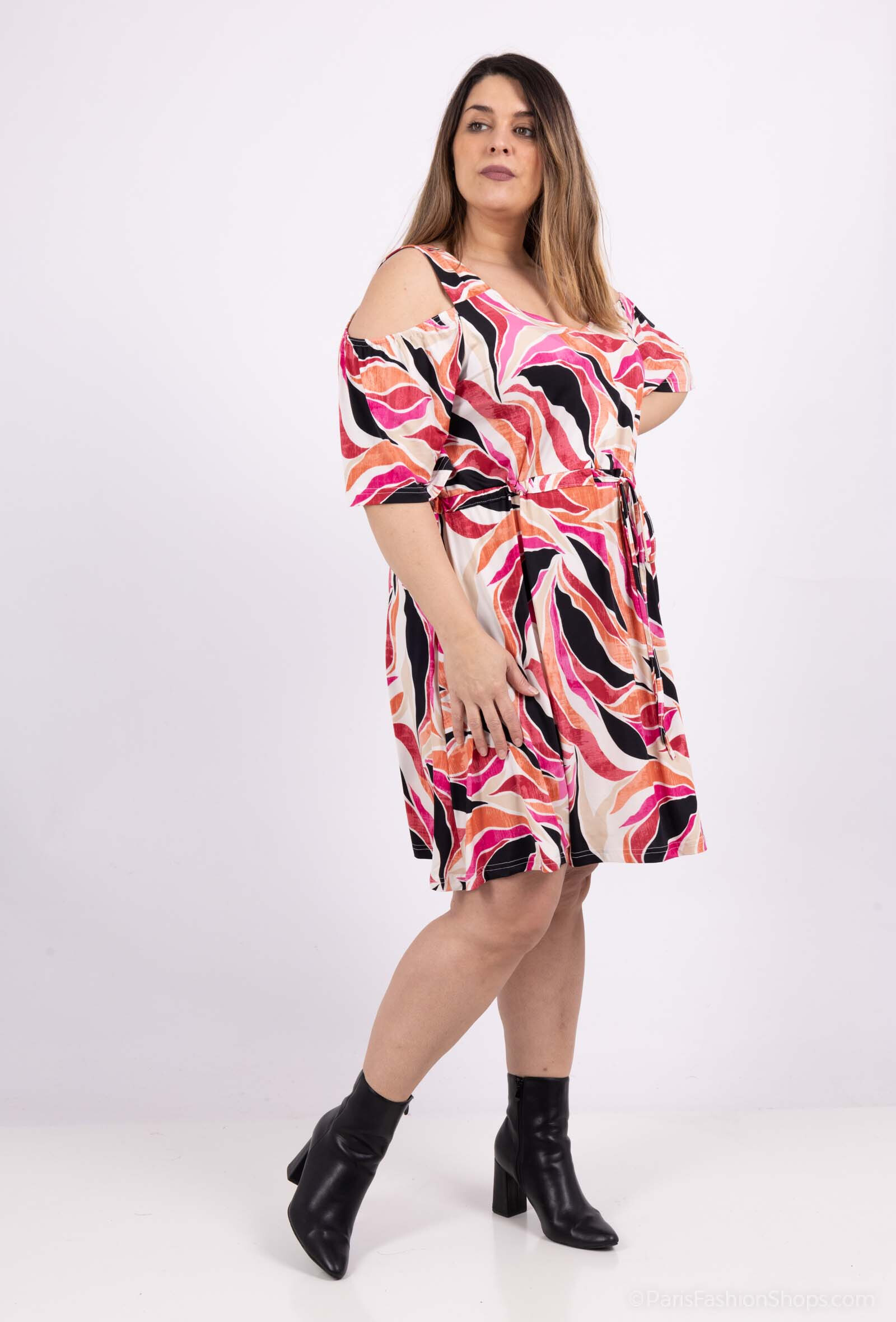 Mayorista 2W Paris - Vestidos de verano estampados con hombros descubiertos y cinturón anudado