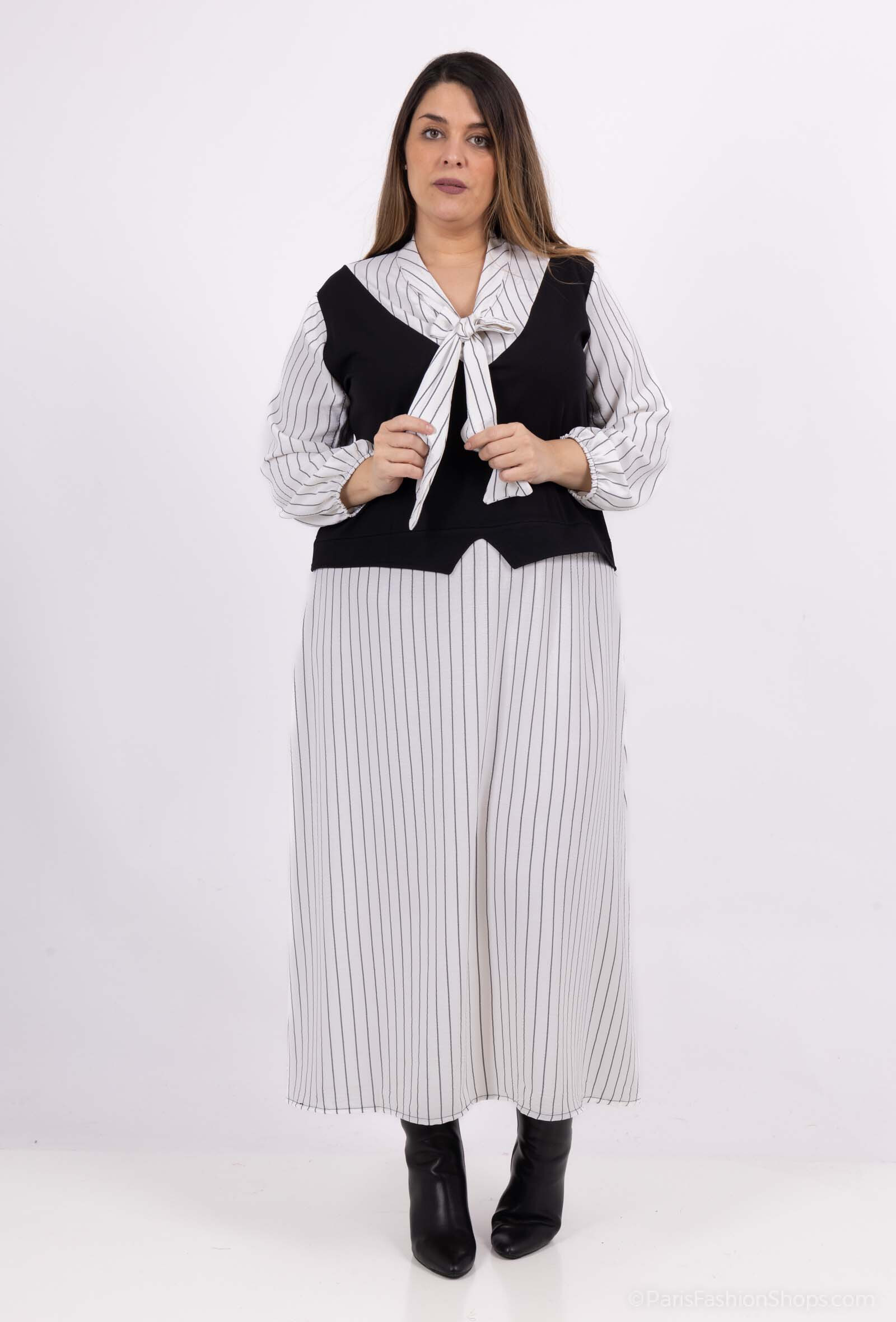 Wholesaler 2W Paris - Striped Faux Two-Piece Dresses with Bow Solid