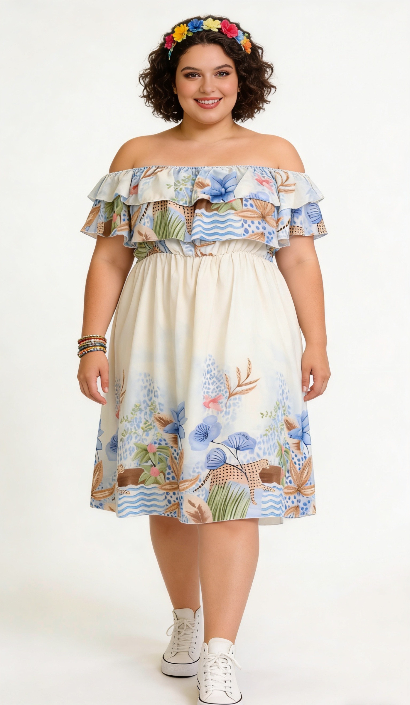 Mayorista CURVY RONDE (Grande Taille/Over Size) - Vestido de Mujer Talla Grande Estampado con Cuello Volante, Sin Mangas, Cintura Elástica