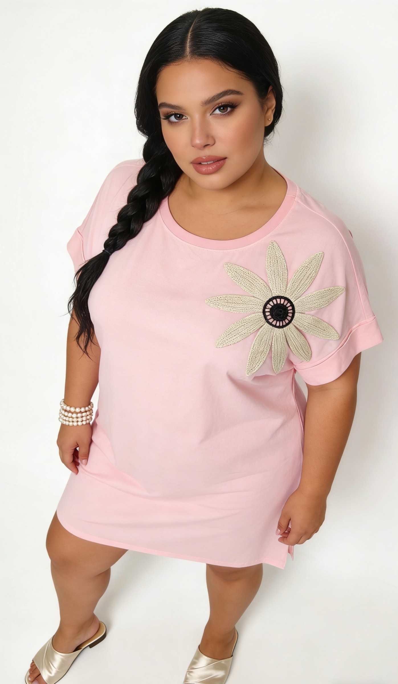 Großhändler 2W Paris (Grande taille / Plus Size ) - Tunikakleid mit Rundhalsausschnitt und Blumendesign in großen Größen aus Baumwolle