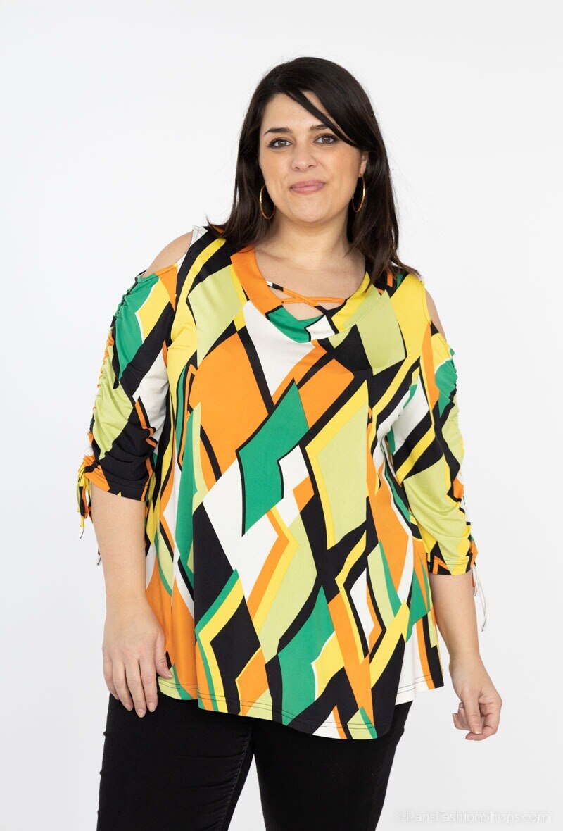 Grossista 2W Paris - Blusa a manica lunga con fiocco e spalle scoperte con stampa incrociata