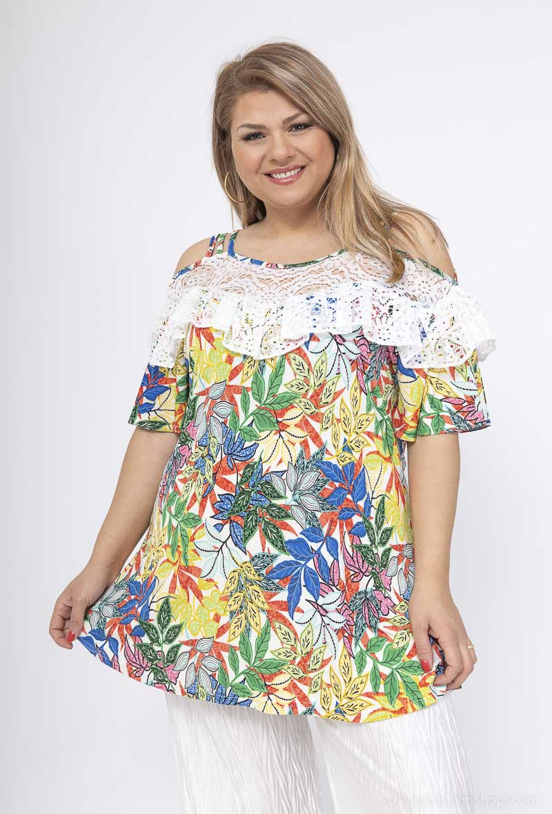 Mayorista 2W Paris - Top con volantes y estampado de encaje con hombros descubiertos