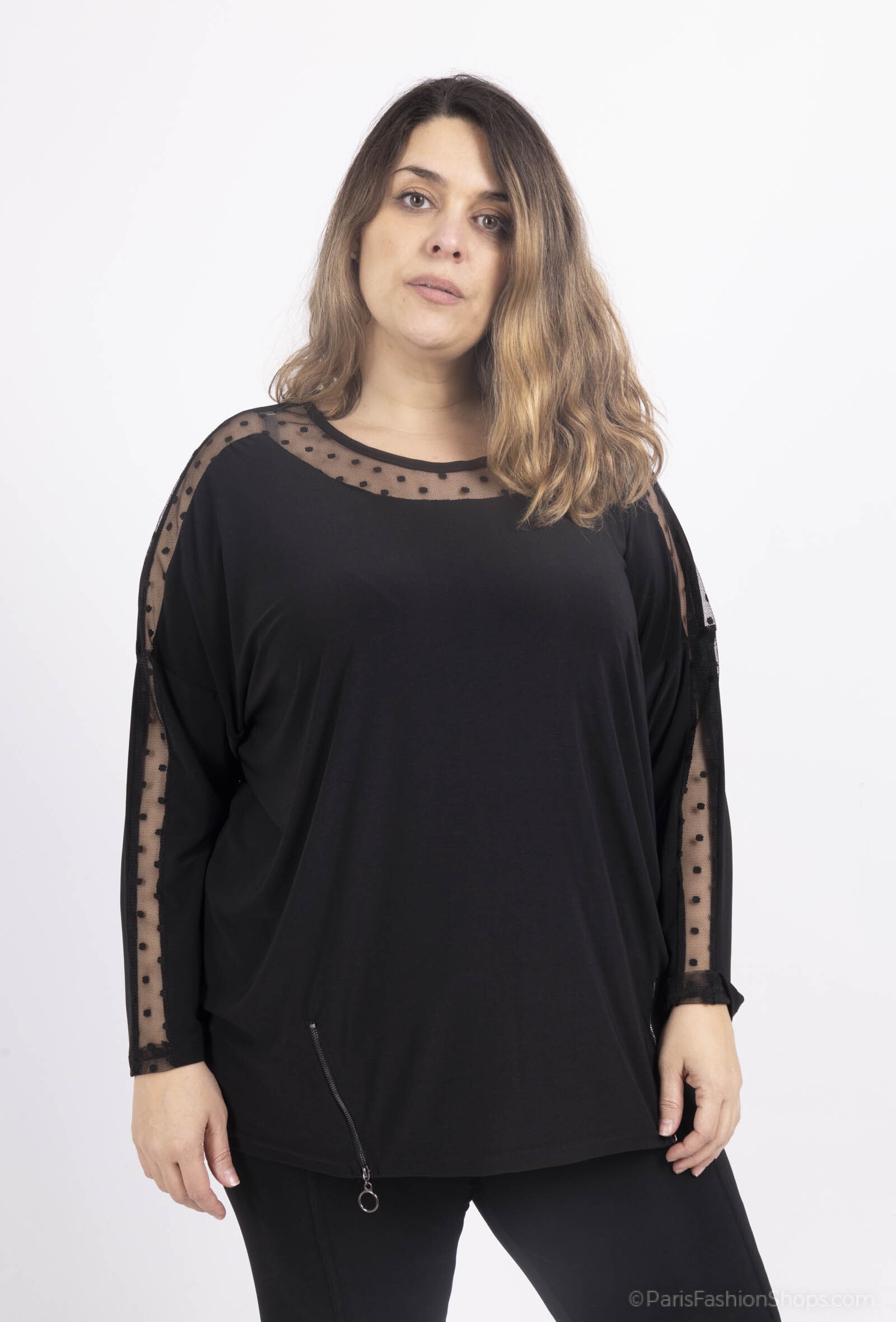Mayorista 2W Paris - Blusa de encaje de lunares con manga larga de murciélago