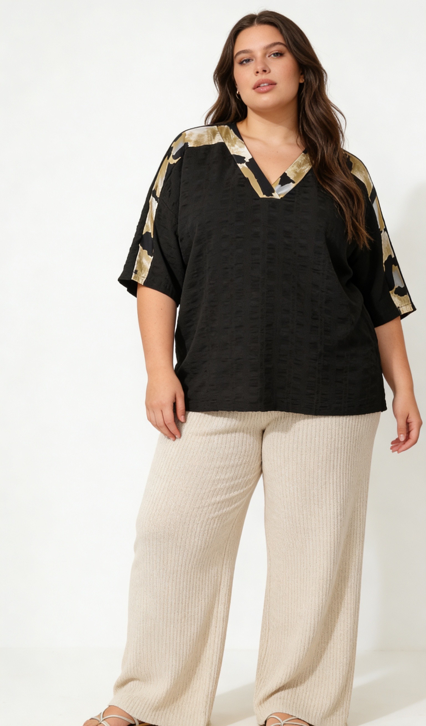 Wholesaler 2W Paris (Grande taille / Plus Size ) - Plus size bubble fabric tops with short sleeves in color block