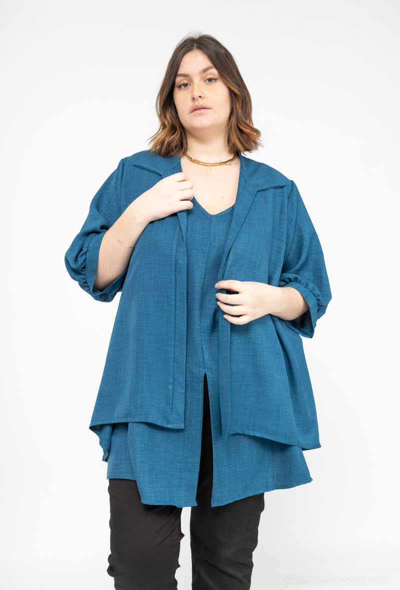 Grossiste 2W Paris - Tunique unicolore à col Chemise en 2 en 1 tissus comme du lin