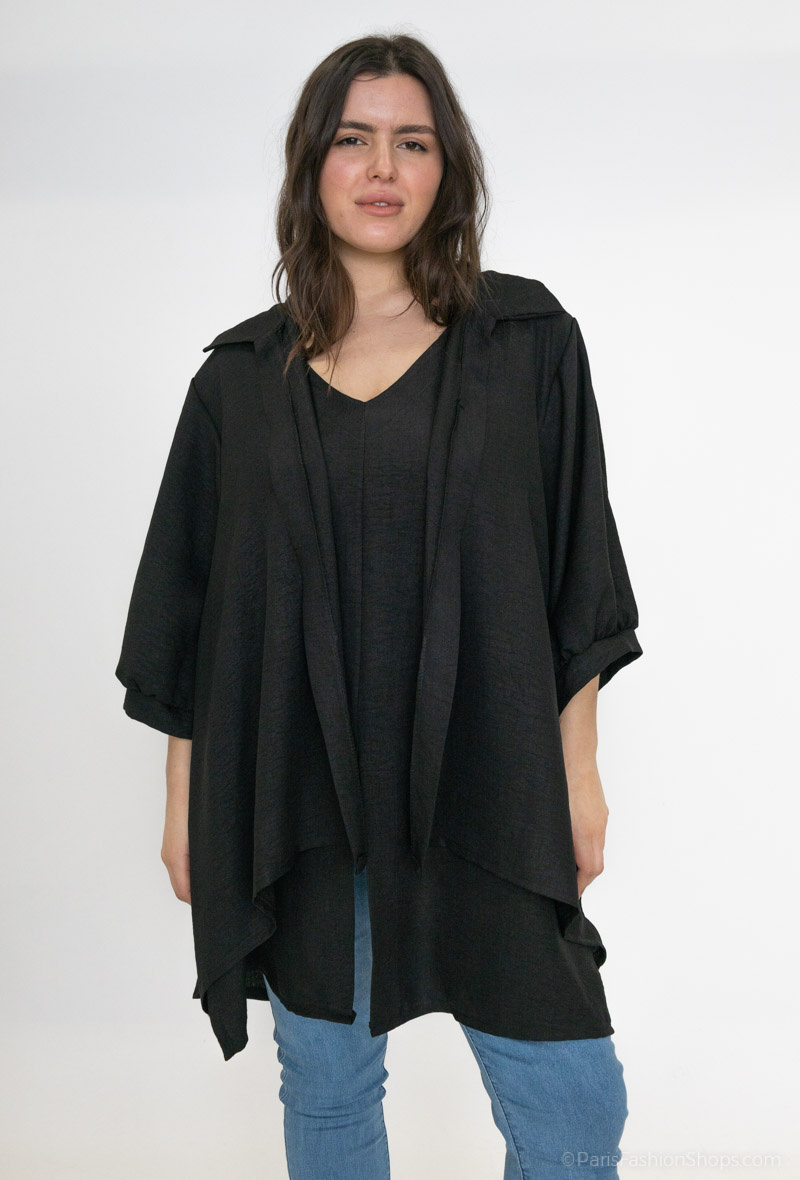 Grossiste 2W Paris - Tunique unicolore à col Chemise en 2 en 1 tissus comme du lin