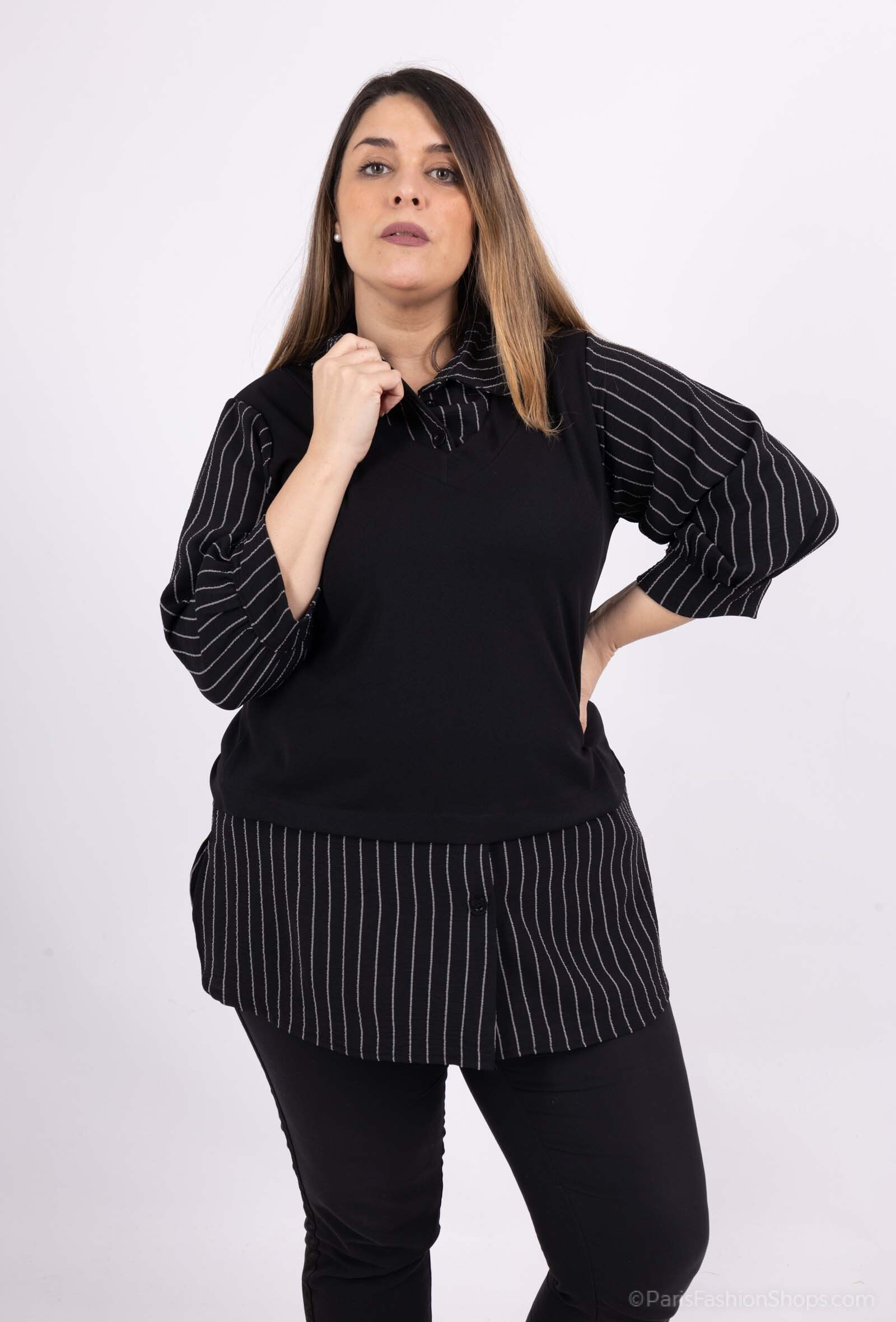 Wholesaler 2W Paris - Striped faux two piece blouses with solid