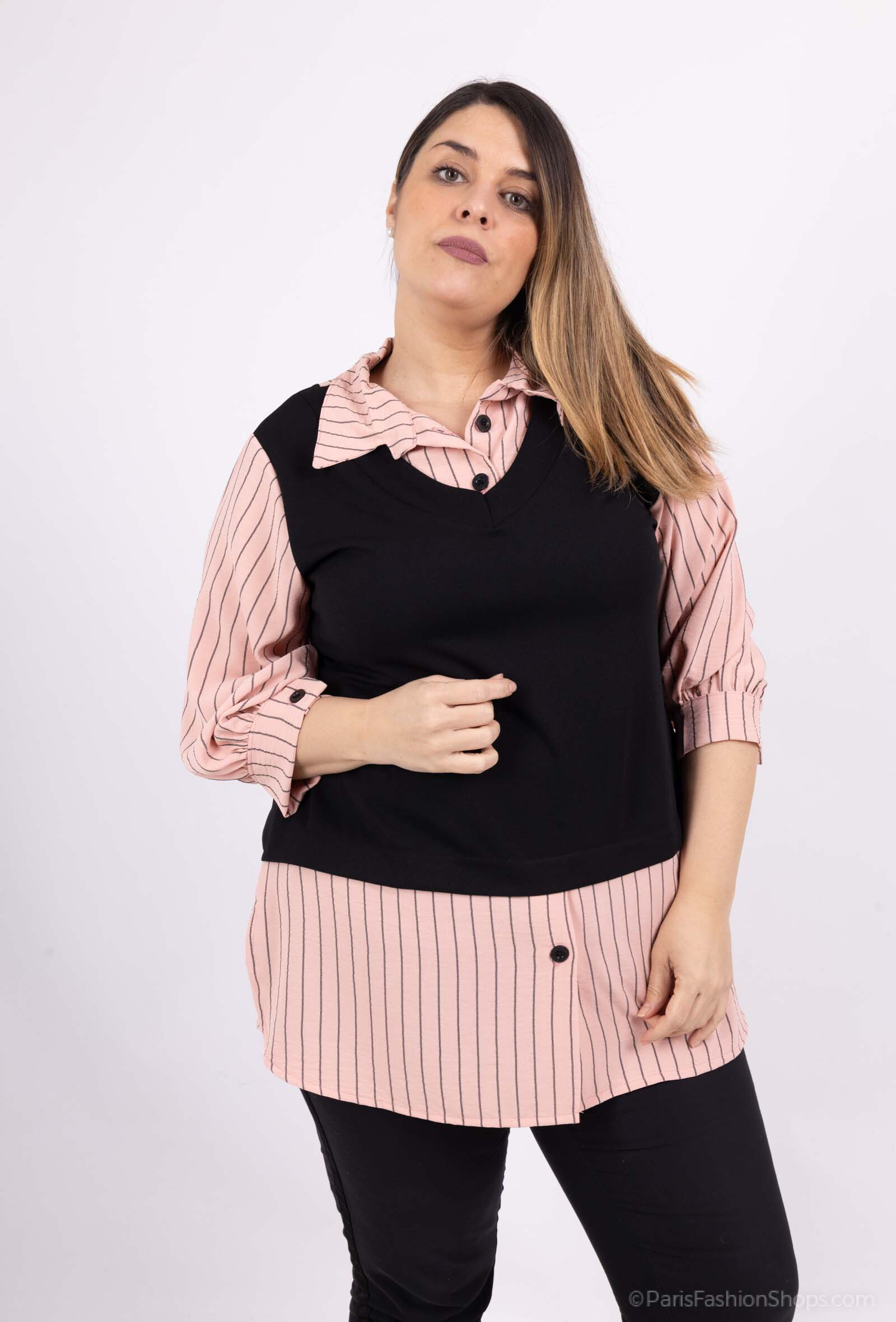 Wholesaler 2W Paris - Striped faux two piece blouses with solid