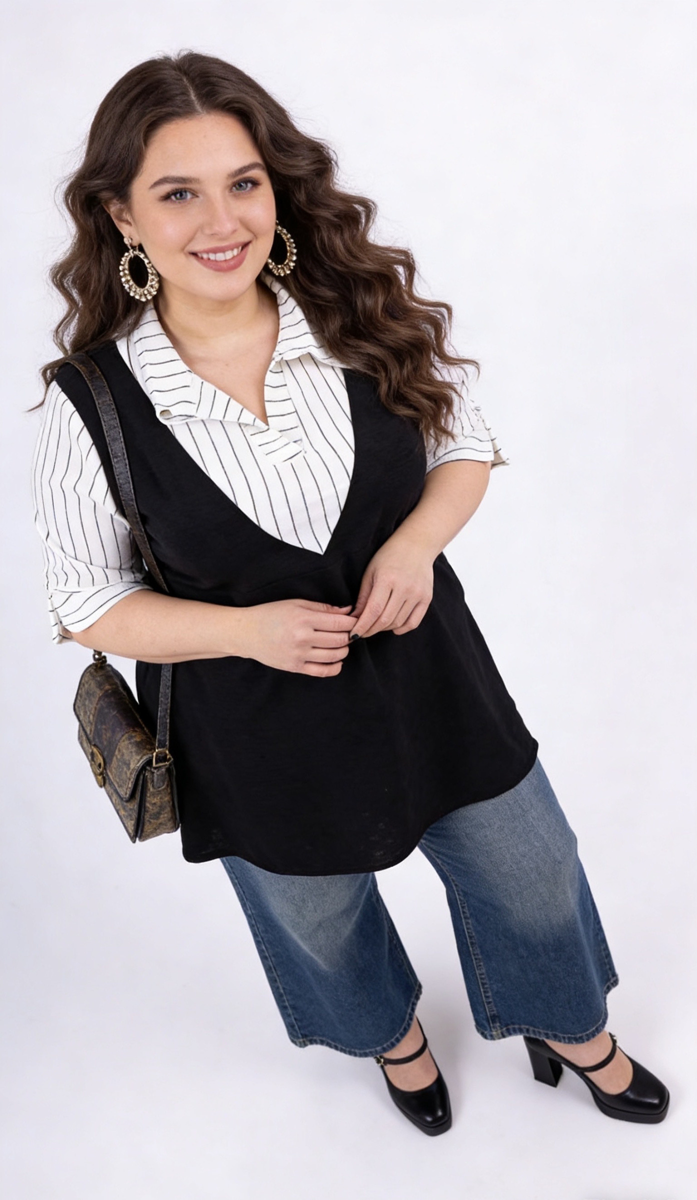 Wholesaler 2W Paris (Grande taille / Plus Size ) - Plus size tunic in a faux two-piece design with stripes and solid color