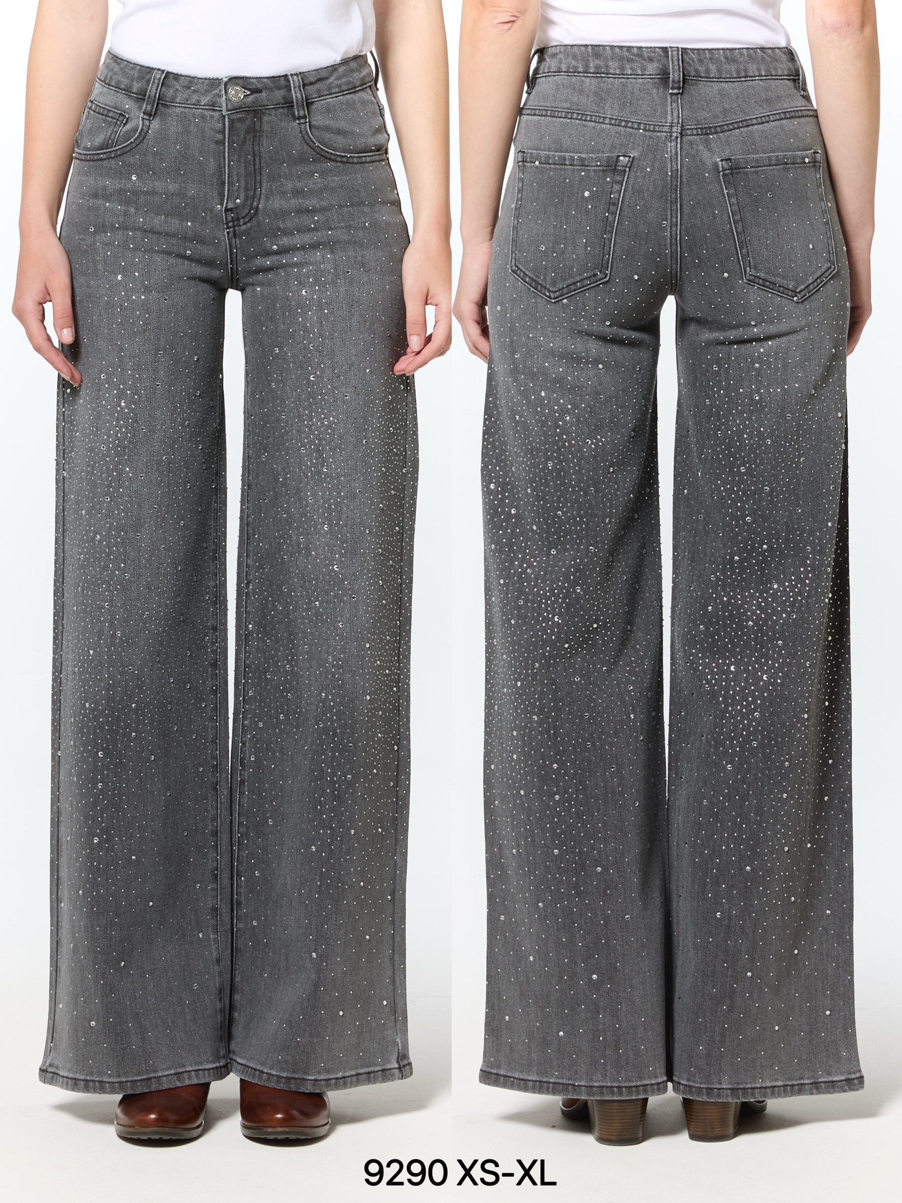 Wholesaler 3DDENIM - Women's wide-leg gray jeans with rhinestones on the front and back