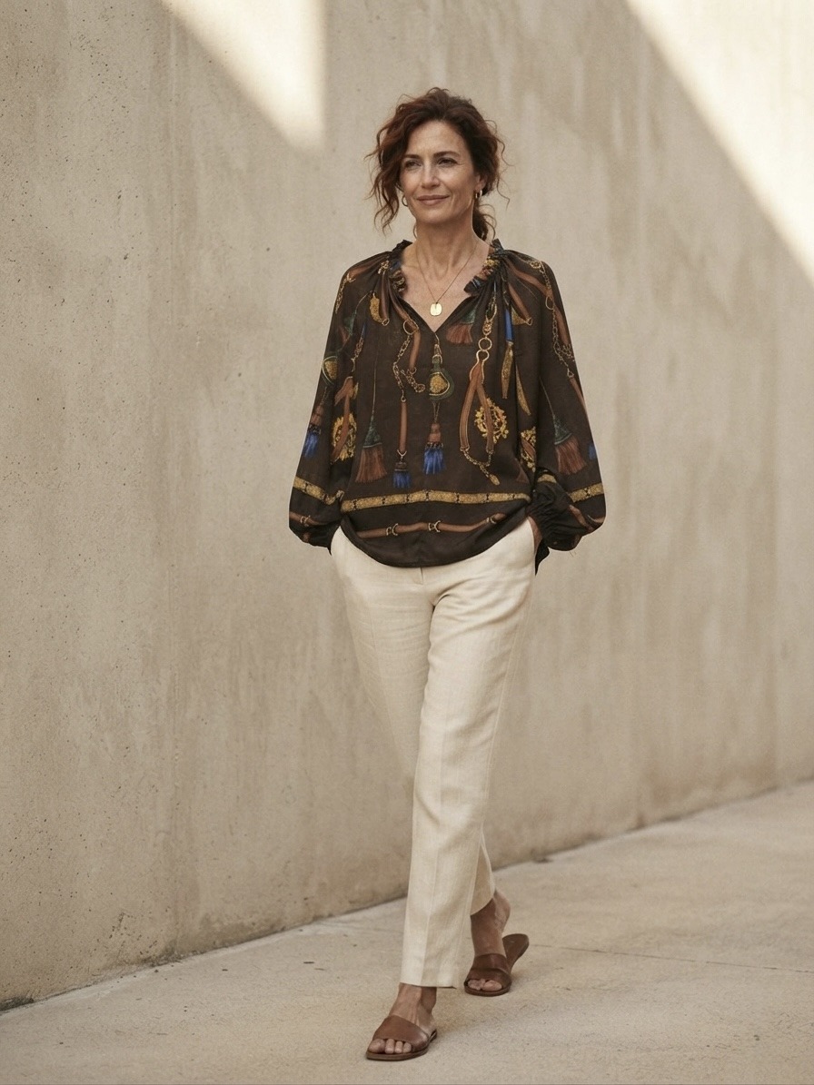 Wholesaler 5STAR - Chain and tassel print shirt, ruched V-neck