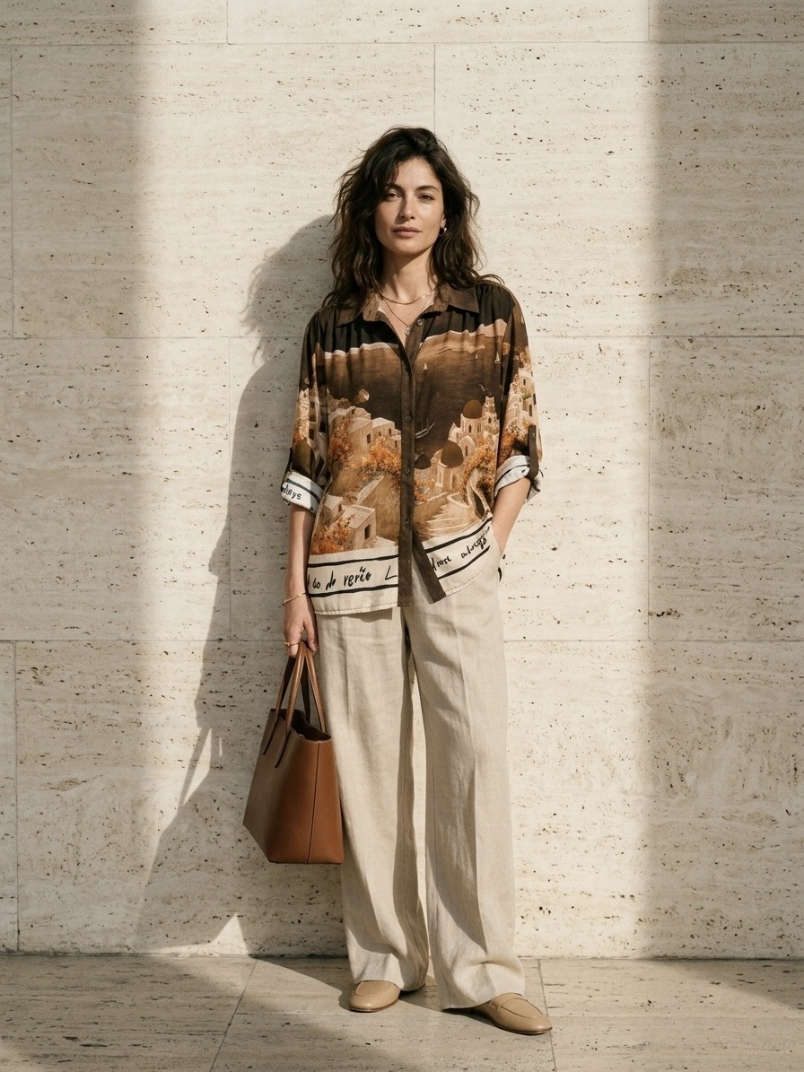 Wholesaler 5STAR - Shirt with adjustable sleeves featuring a Mediterranean landscape print