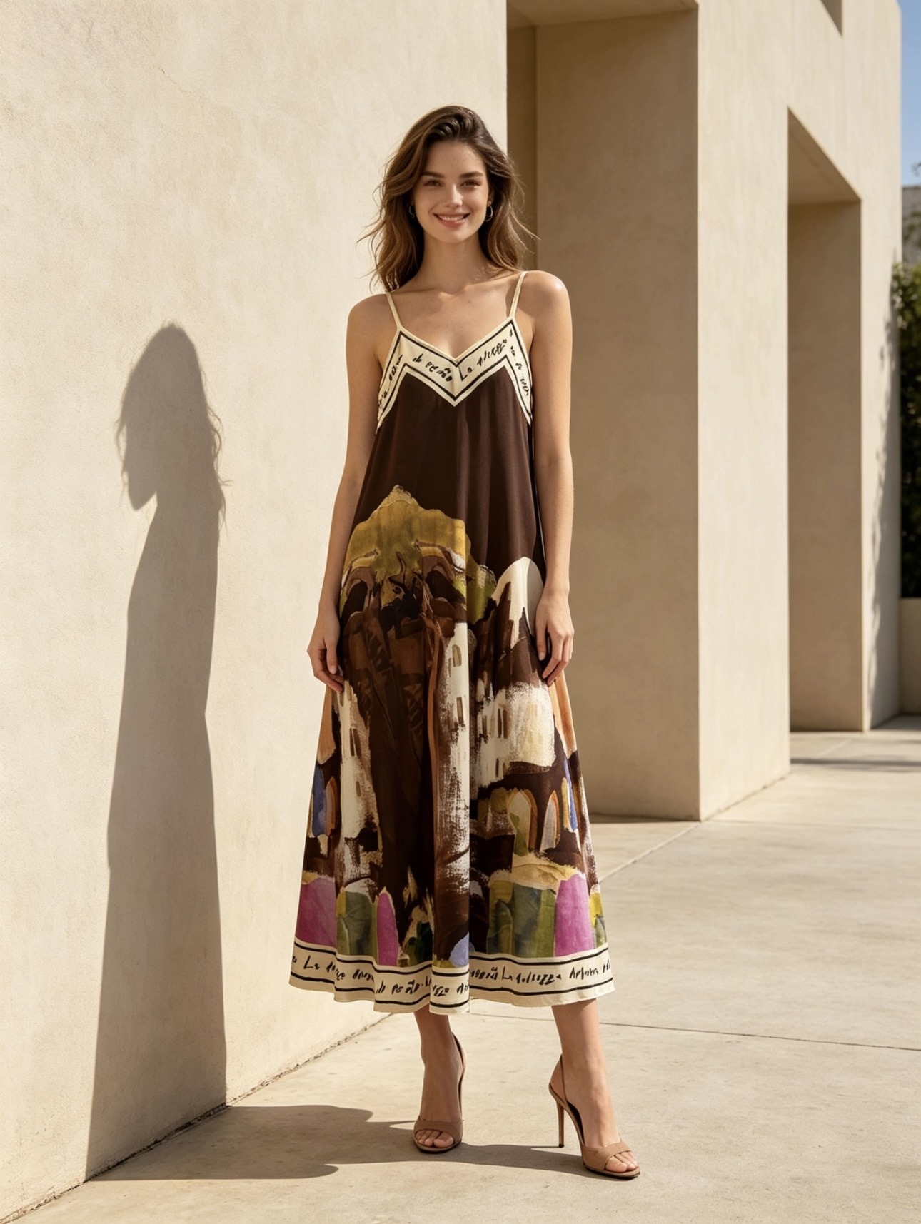 Wholesaler 5STAR - Long dress with thin straps featuring a landscape print and V-neckline