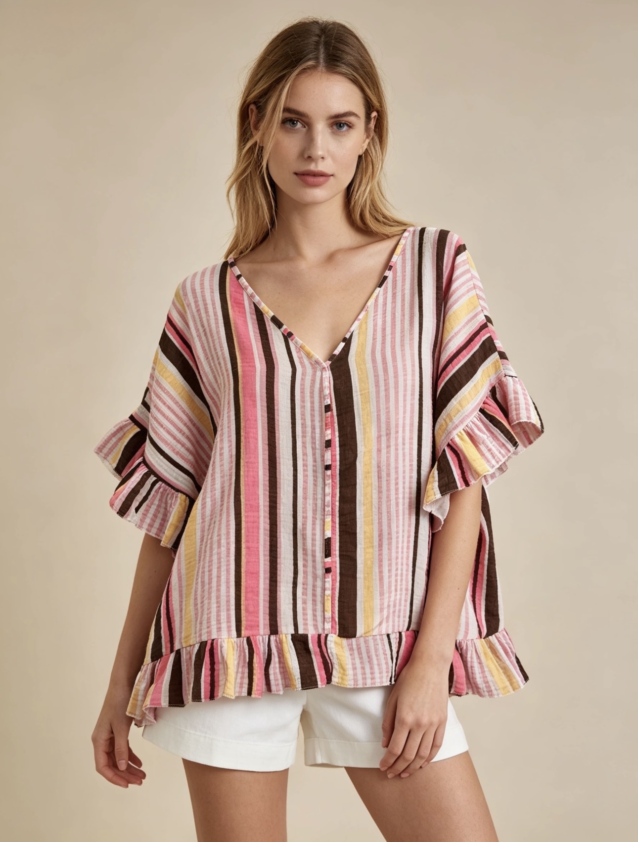 Mayorista 5STAR - Blusa holgada a rayas de colores con volantes