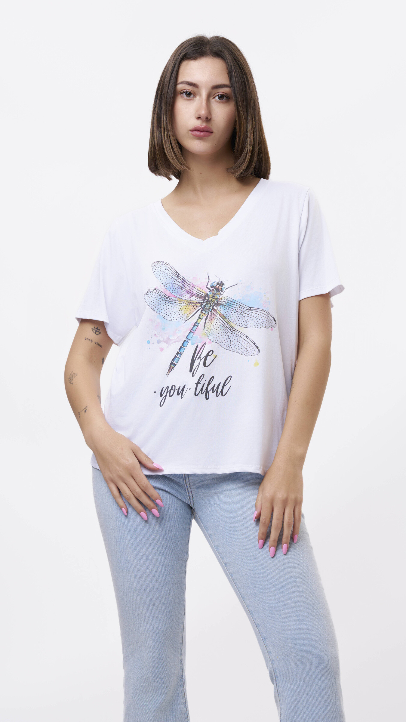 Grossista 5STAR - T SHIRT SCOLLO A V CON STAMPA DI LIBELLULA E STRASS