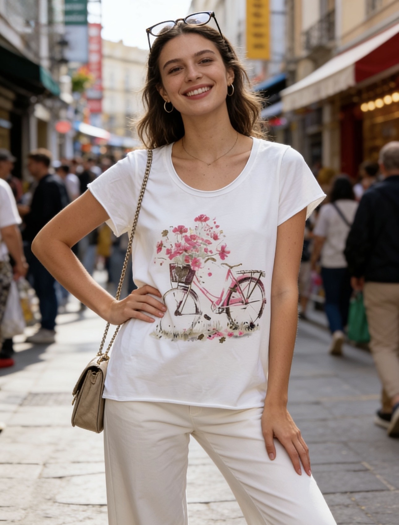 Grossista 5STAR - T-shirt Bianca con Stampa Bicicletta Floreale