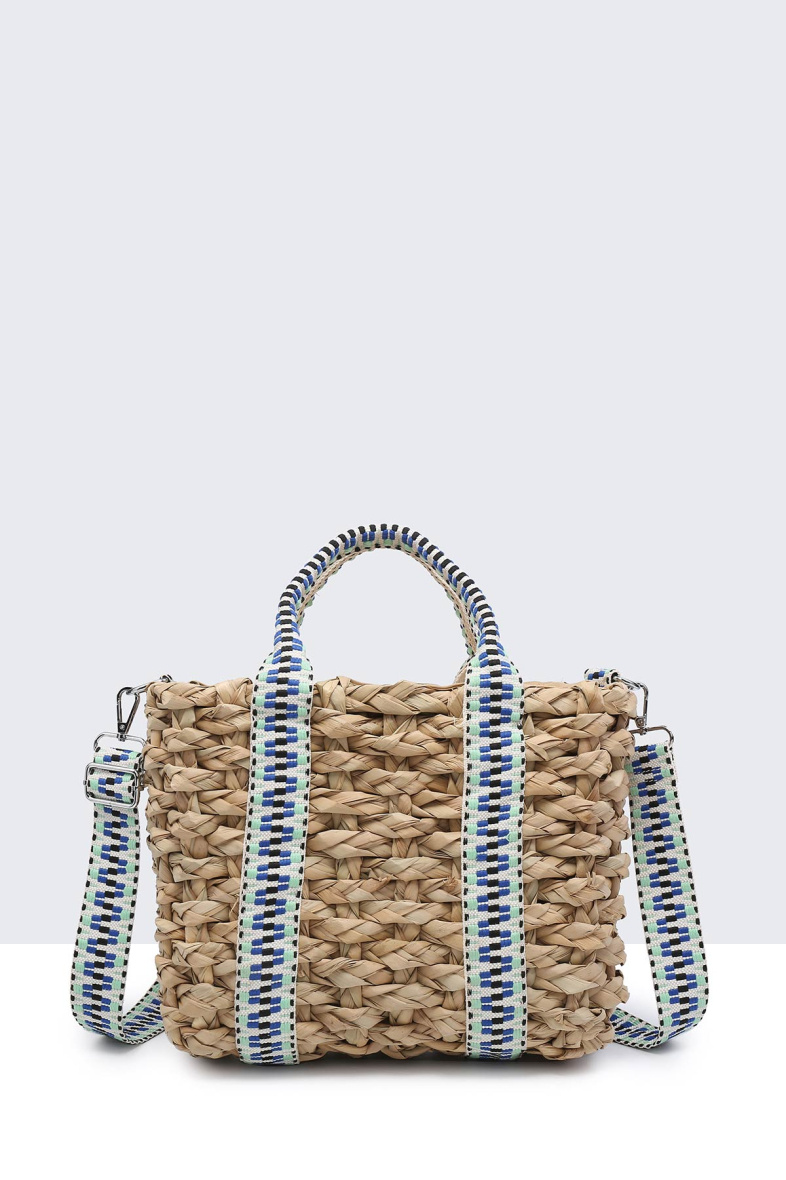 Wholesaler A&E - G8837-BV Raffia basket handbag with patterned textile handle