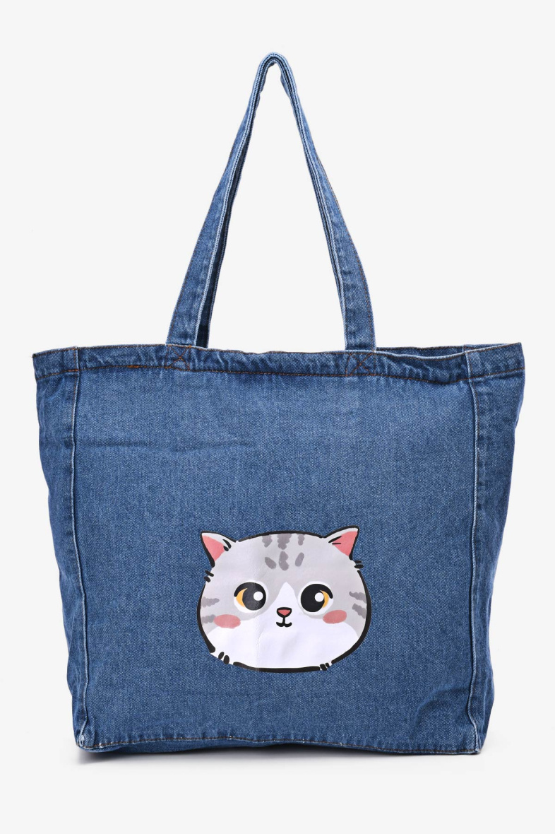 Wholesaler A&E - DG-3190 Large Denim Tote Bag with Cat Pattern