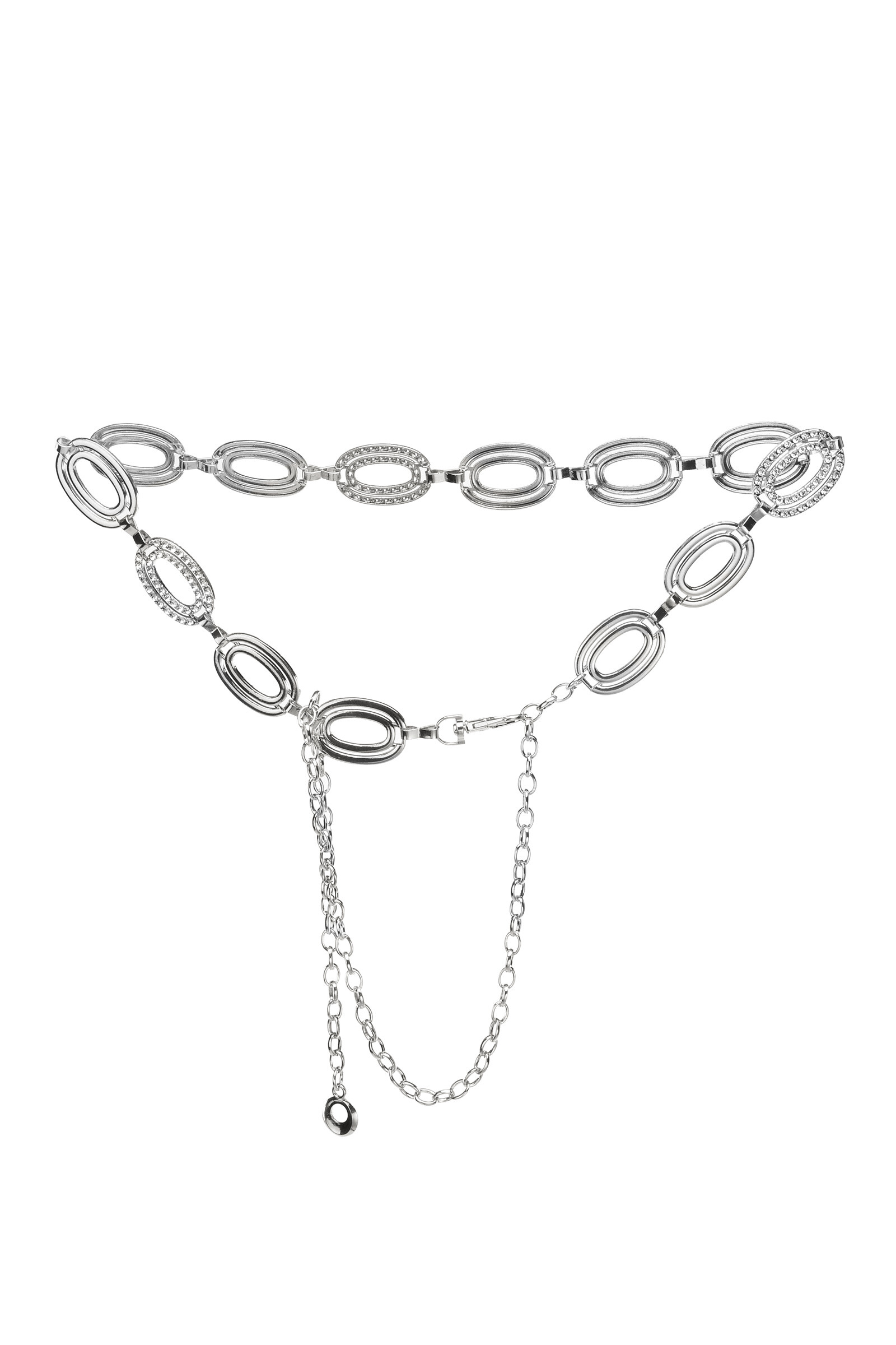 Grossista A&E - C-57077-SLV Cintura decorativa per abito in metallo - Anelli ovali con strass
