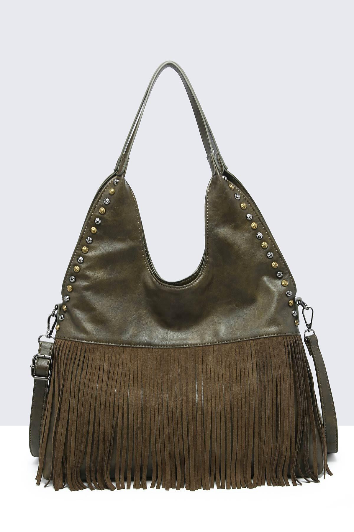 Grossiste A&E - 60030-BV Sac épaule à frange et clous style Bohème