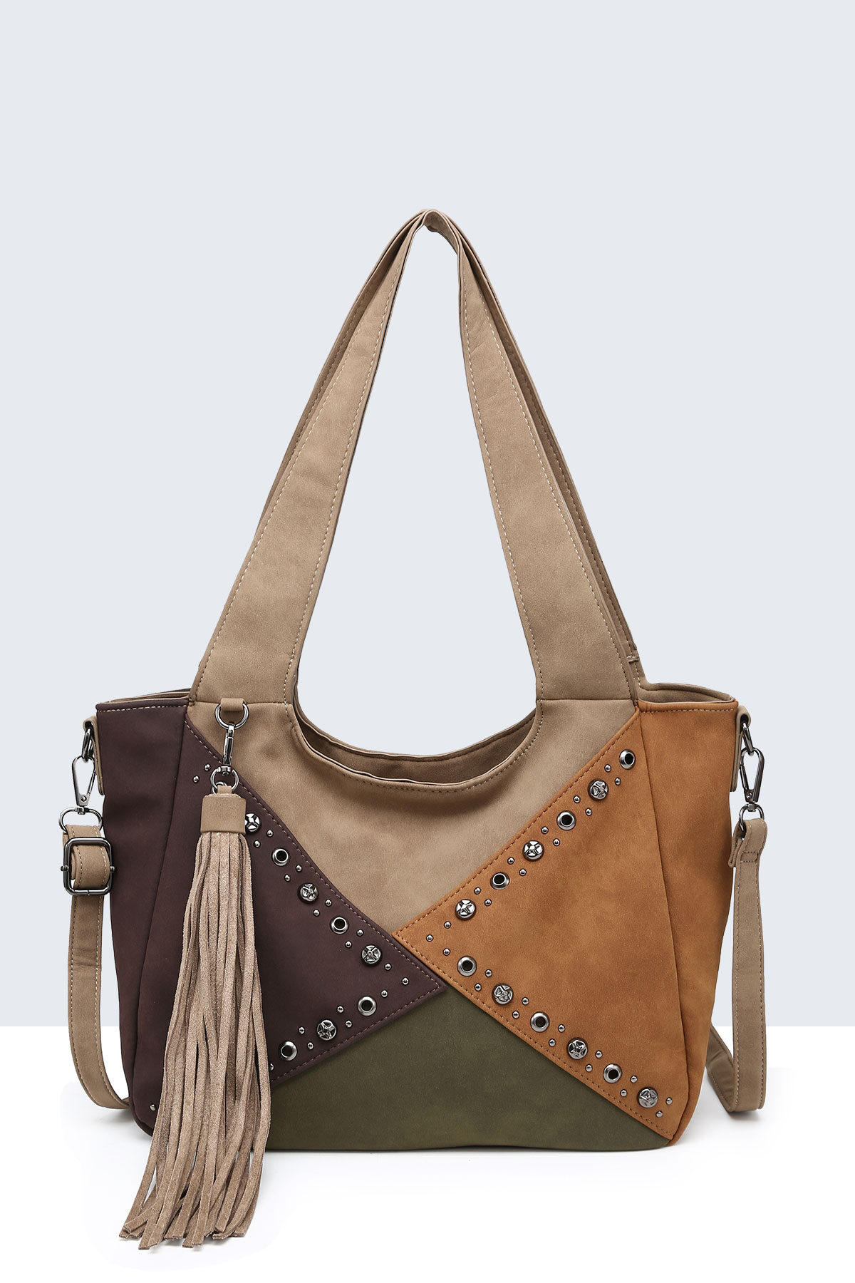 Grossiste A&E - BV-29086 Sac à main à ailettes Patchwork Clouté effet nubuck