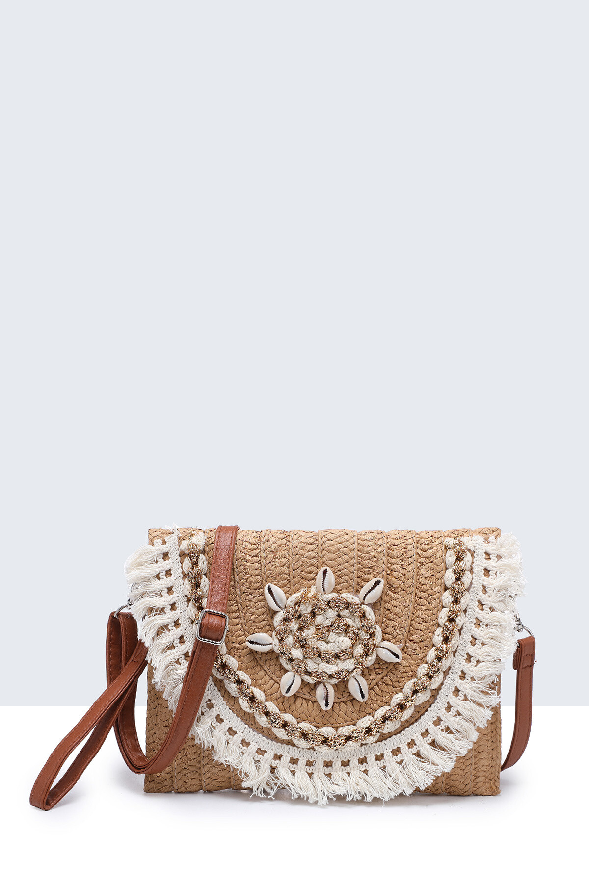 Wholesaler A&E - 9156-BV Woven Paper Straw Shell Fringe Flap Shoulder Bag