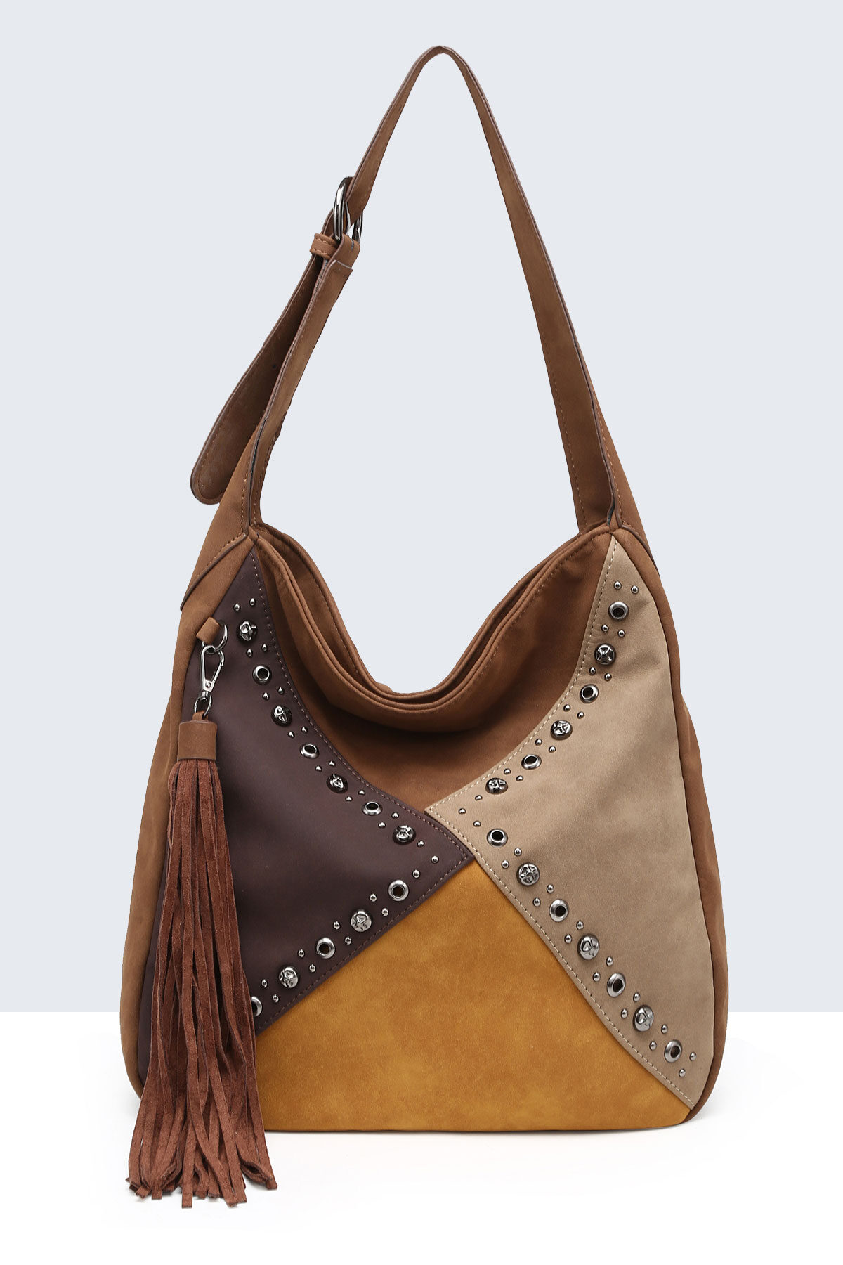 Wholesaler A&E - BV-29085 Patchwork Studded Patchwork Shoulder Bag with Nubuck Effect