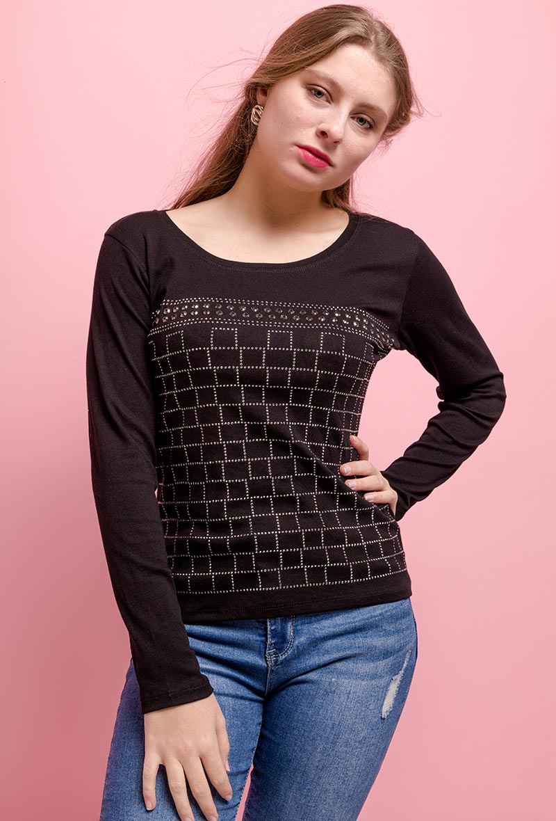 Mayorista ABELLA - Camiseta de cuadros con strass