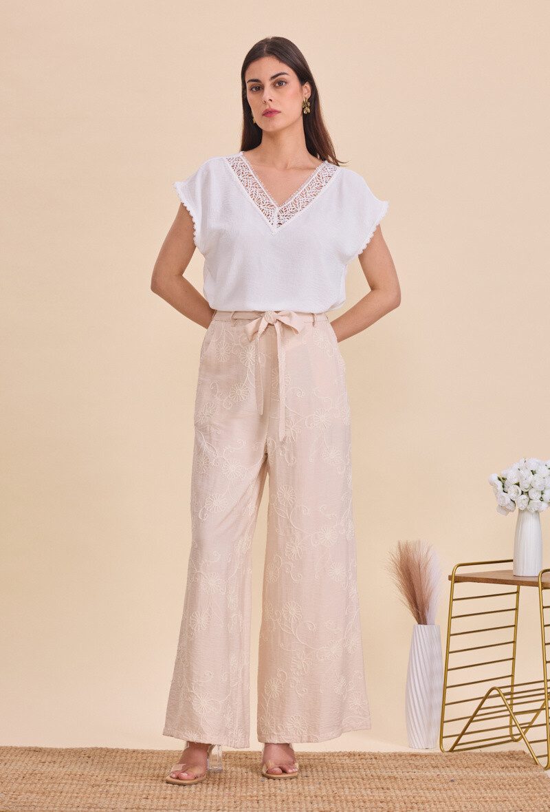 Grossiste ACACIA - Pantalon large brodé femme