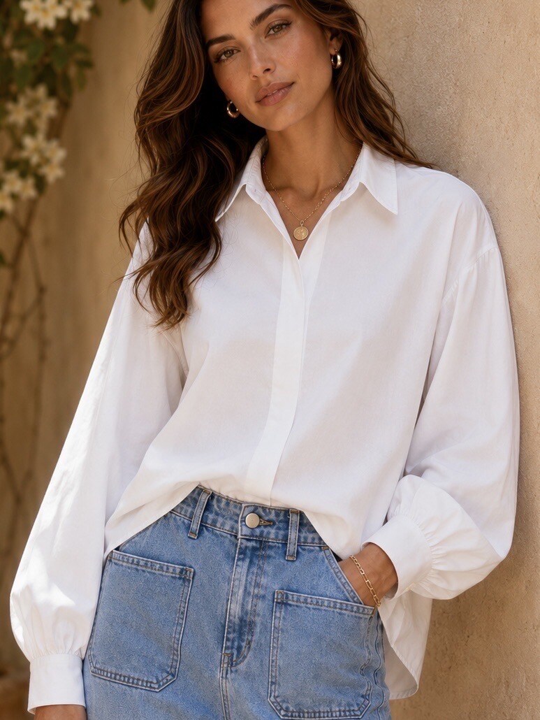 Grossiste Adilynn - Chemise blanche intemporelle à col classique, coupe droite. Fermeture boutonnée, manches longues avec poignets boutonnés.