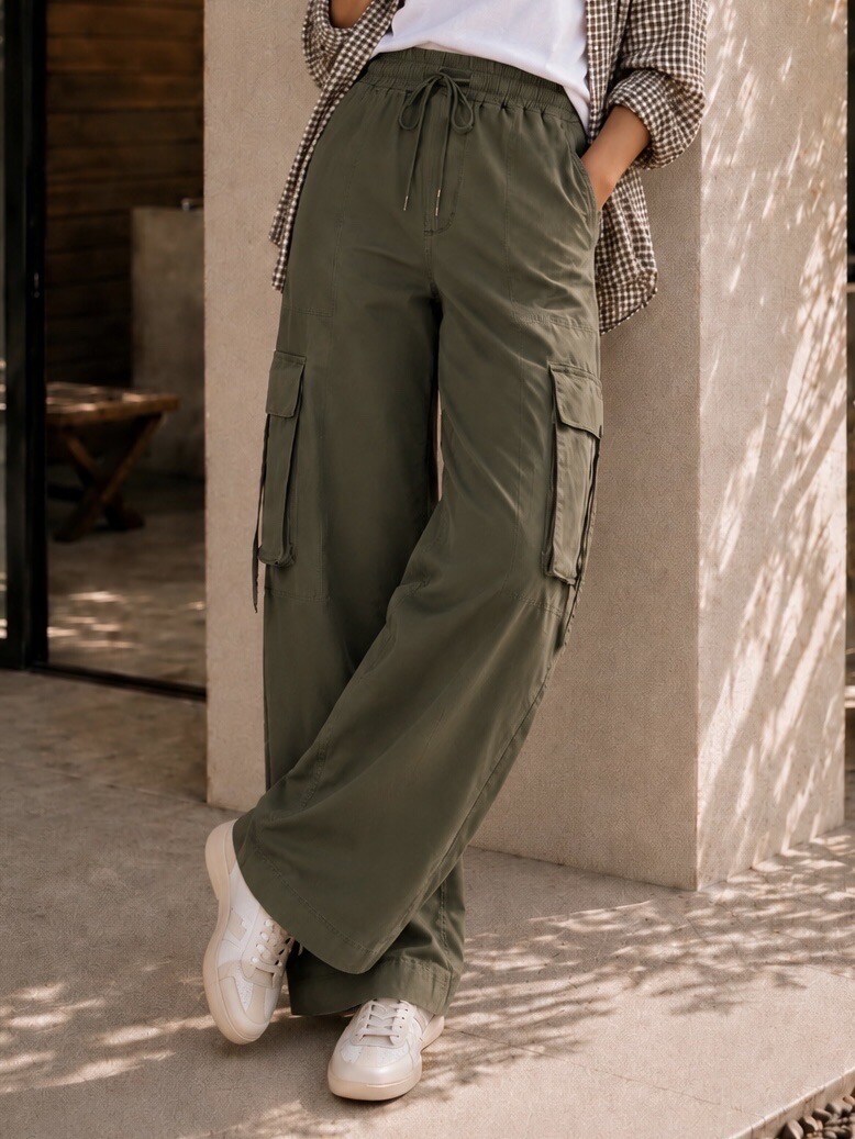 Wholesaler Adilynn - Wide cut cargo pants, elasticated waist with tie and large side pockets.