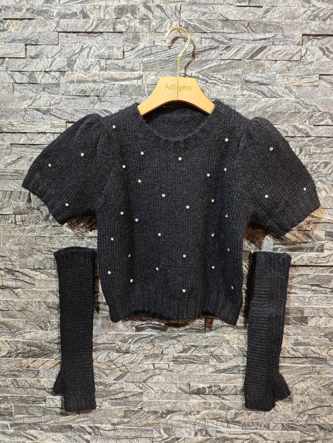 Großhändler Adilynn - Gestrickter Pullover, kurze, mit Schmucksteinen besetzte Ärmel und ein Paar Fäustlinge