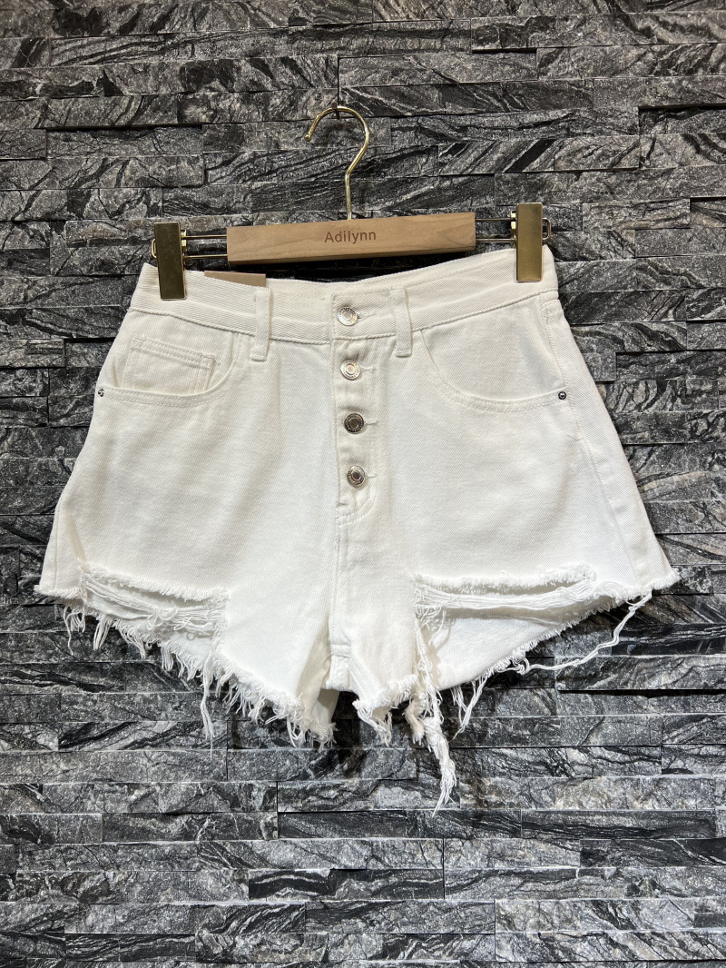 Grossiste Adilynn - Short blanc à boutons, bas déchiré, cinq poches, fermeture à zip et boutons