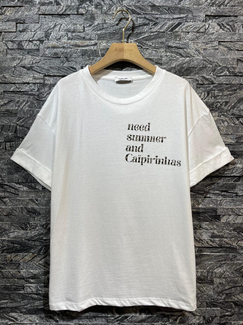 Grossiste Adilynn - T-shirt imprimé « Need summer and caipirinhas », col rond, manches courtes