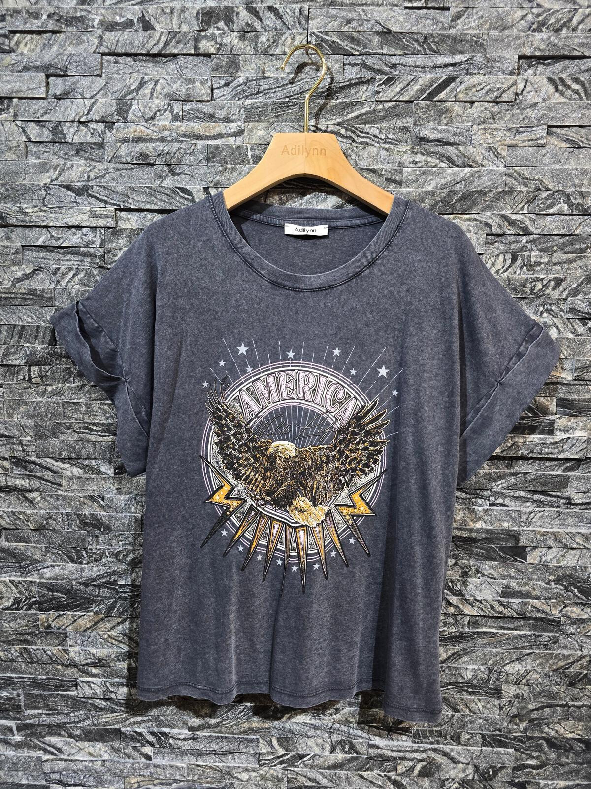 Großhändler Adilynn - T-Shirt mit Adler-Print „America“, Rundhalsausschnitt und kurzen Ärmeln mit Bündchen