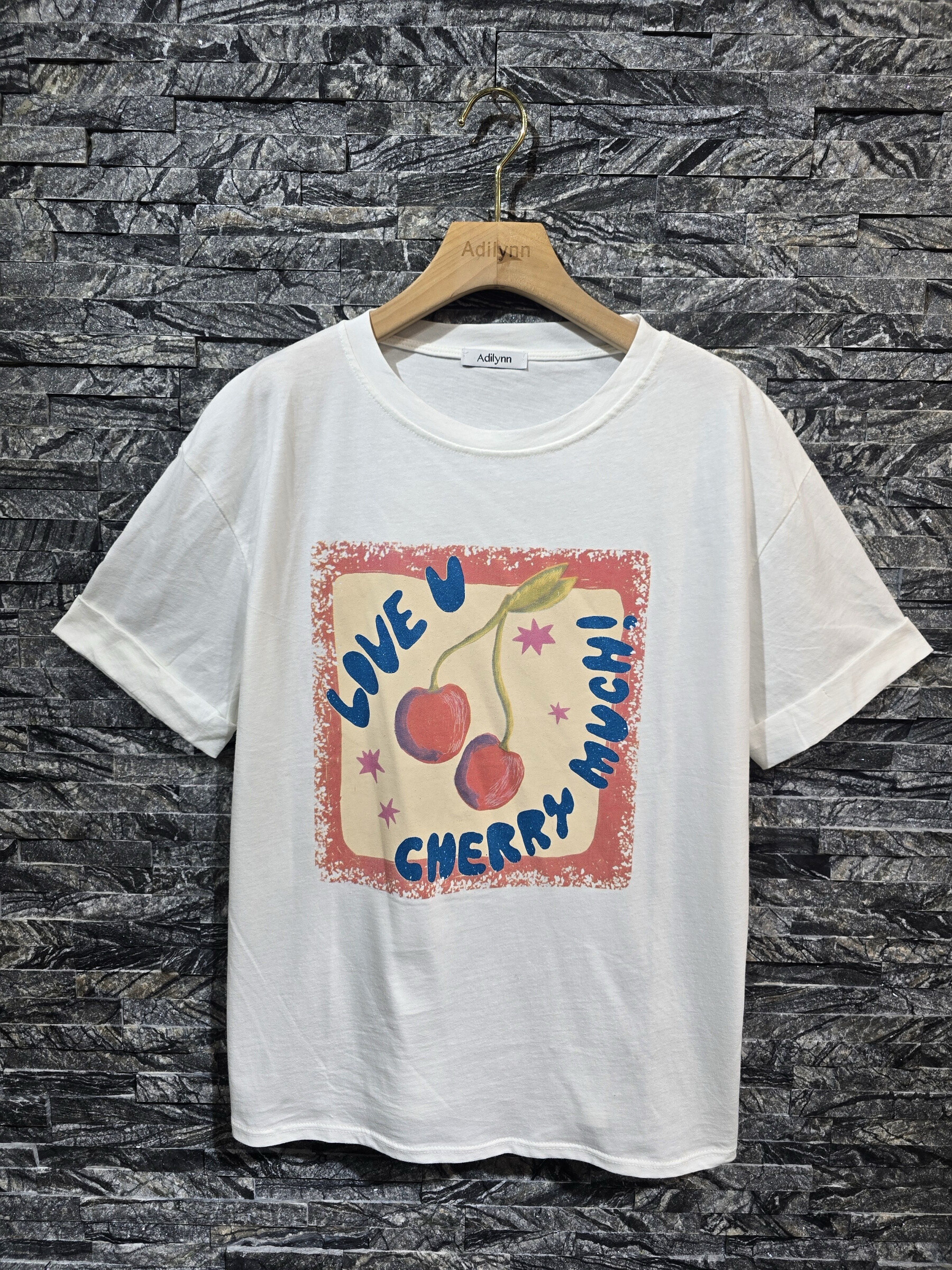 Großhändler Adilynn - Kirschdruck T-Shirt „Love U Cherry viel!“, Runde Hals