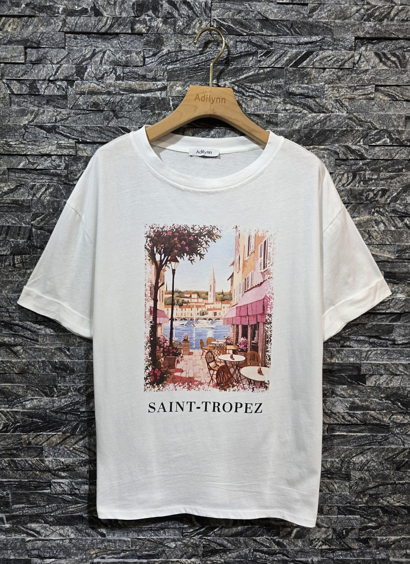 Wholesaler Adilynn - Cotton t-shirt, "Saint Tropez" print, round neck, short sleeves with reverse