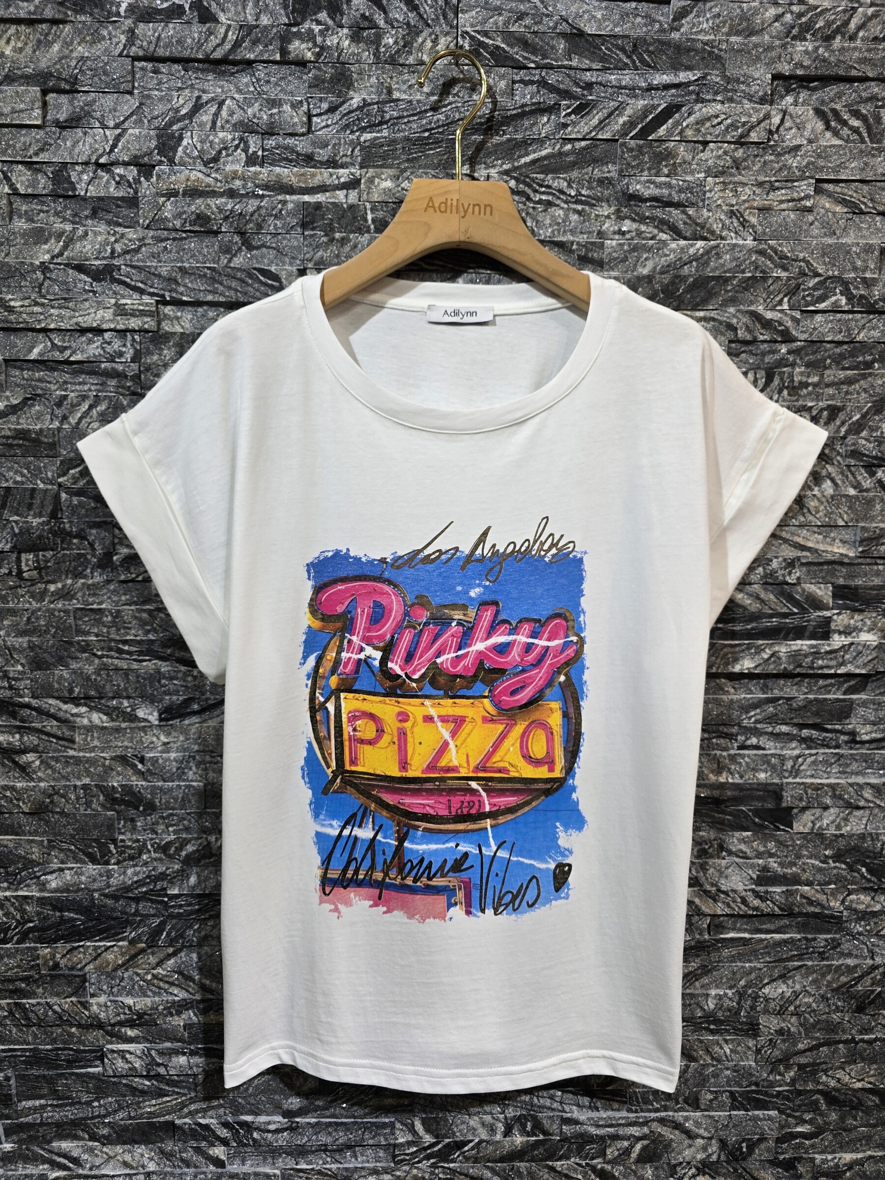 Grossiste Adilynn - T-shirt en coton, imprimé « Los Angeles Pinky Pizza », manches courtes