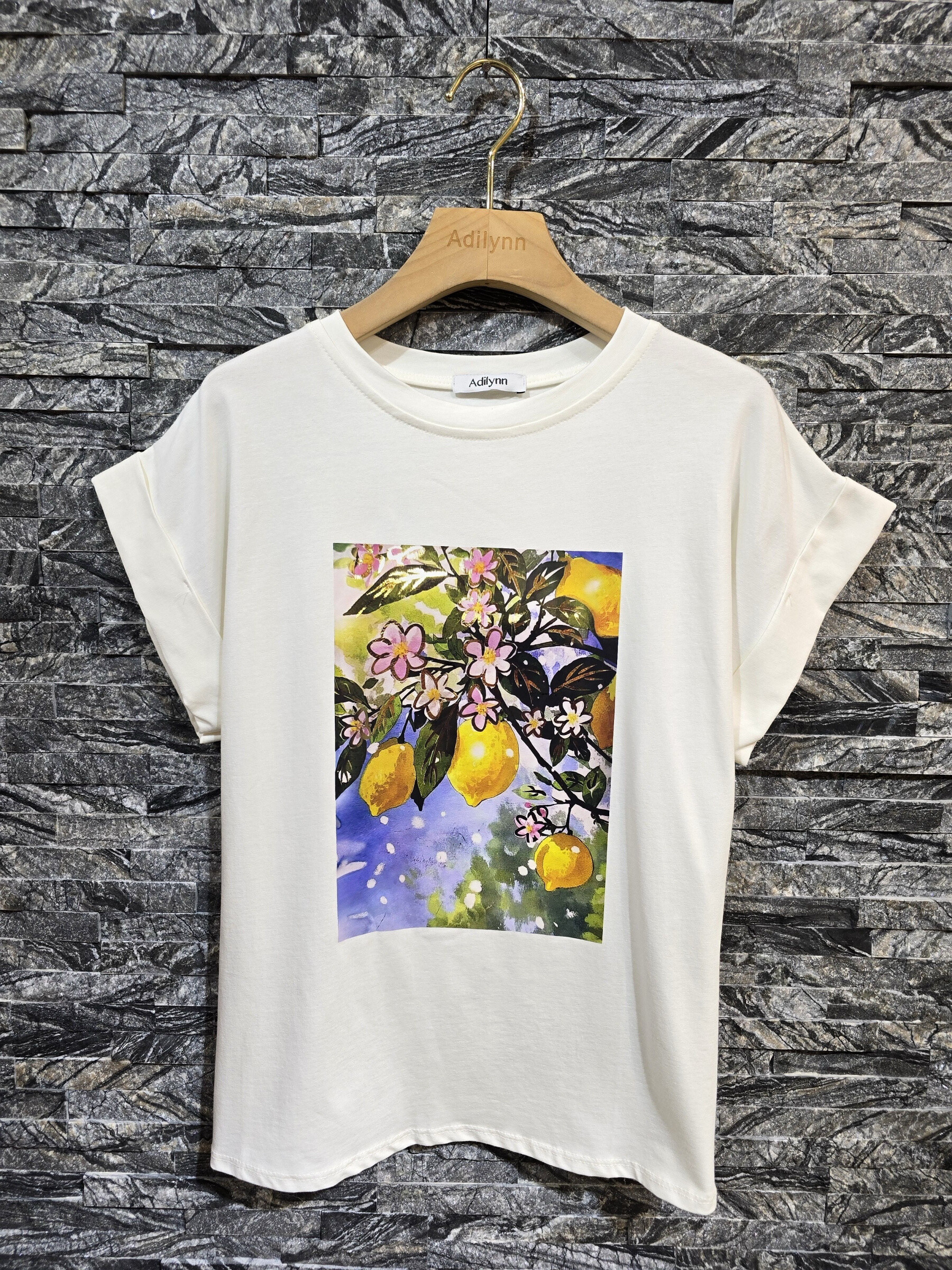 Wholesaler Adilynn - Round neck t-shirt printed lemons and flowers, short sleeves with reverse