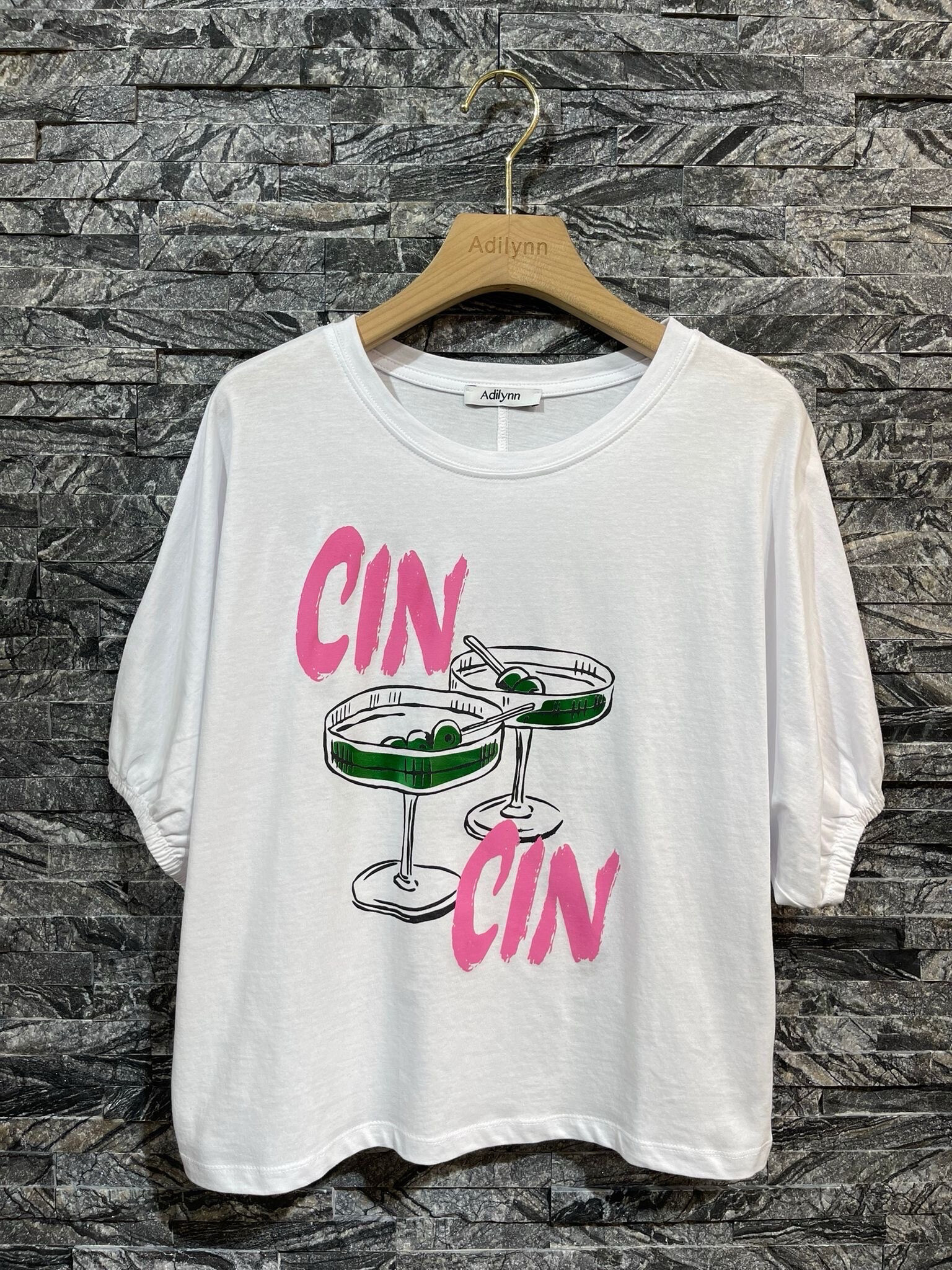 Grossiste Adilynn - T-shirt en coton imprimé « Cin Cin », manches bouffantes