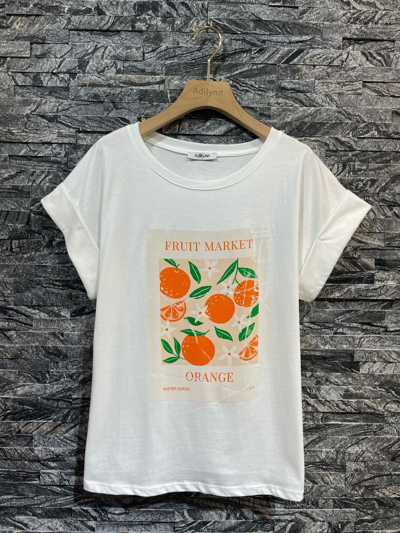 Großhändler Adilynn - "Orange Market" bedrucktes Baumwoll-T-Shirt, runden Hals, kurze Ärmel