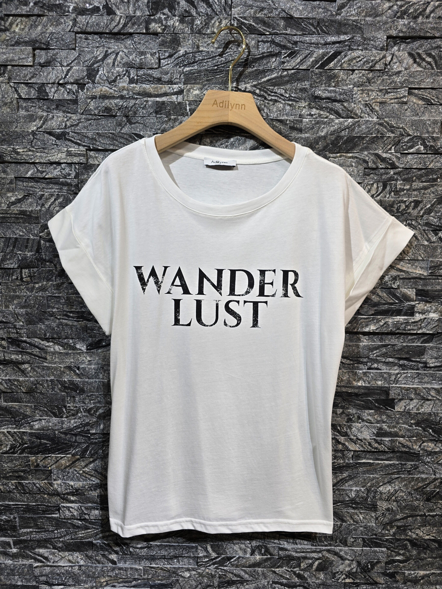 Großhändler Adilynn - T-Shirt mit „Wanderlust“-Print, Rundhalsausschnitt und kurzen Ärmeln mit Bündchen