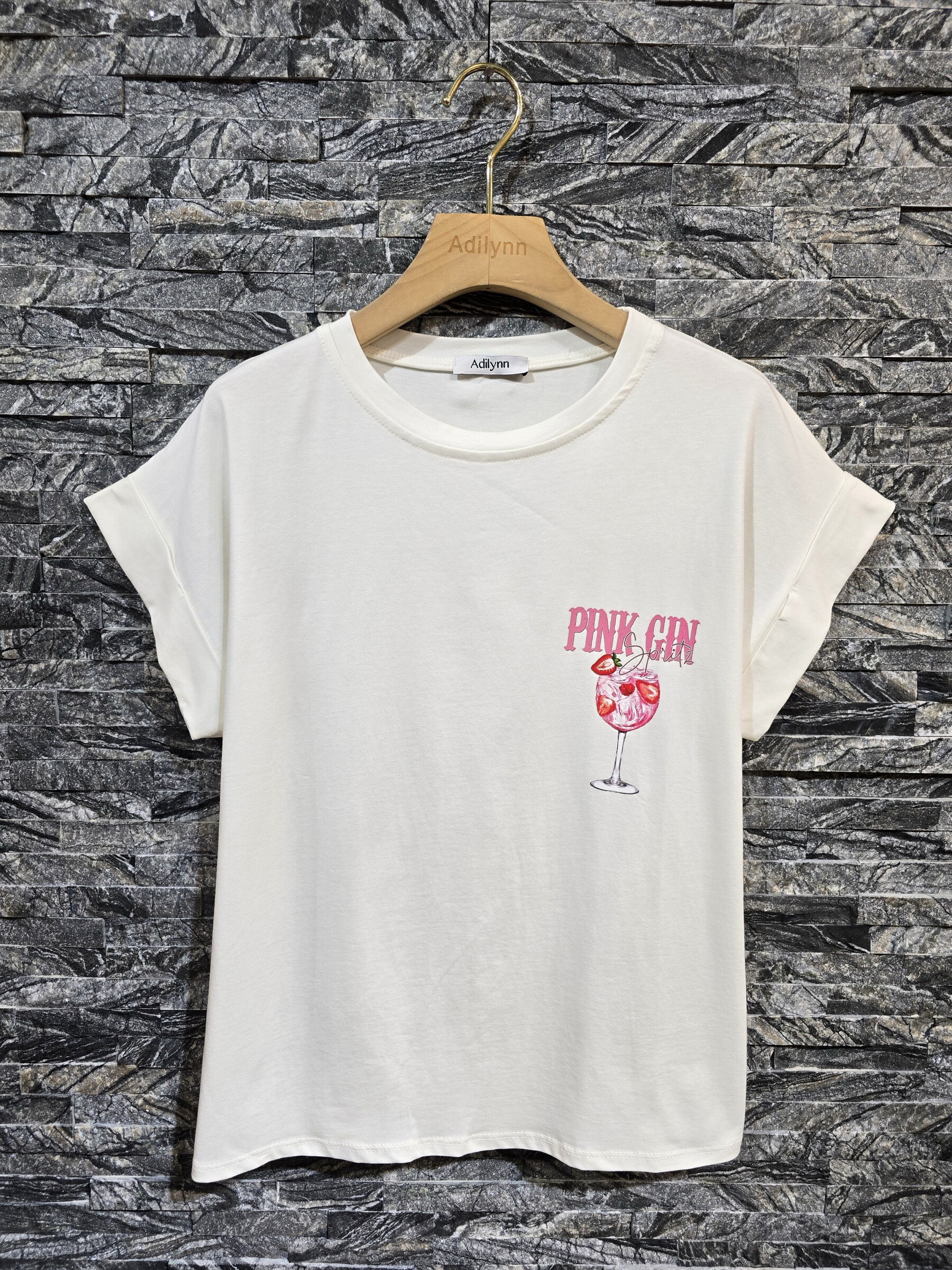 Großhändler Adilynn - "Pink Gin" bedrucktes T-Shirt, runden Hals, kurze Ärmel mit Rückwärts