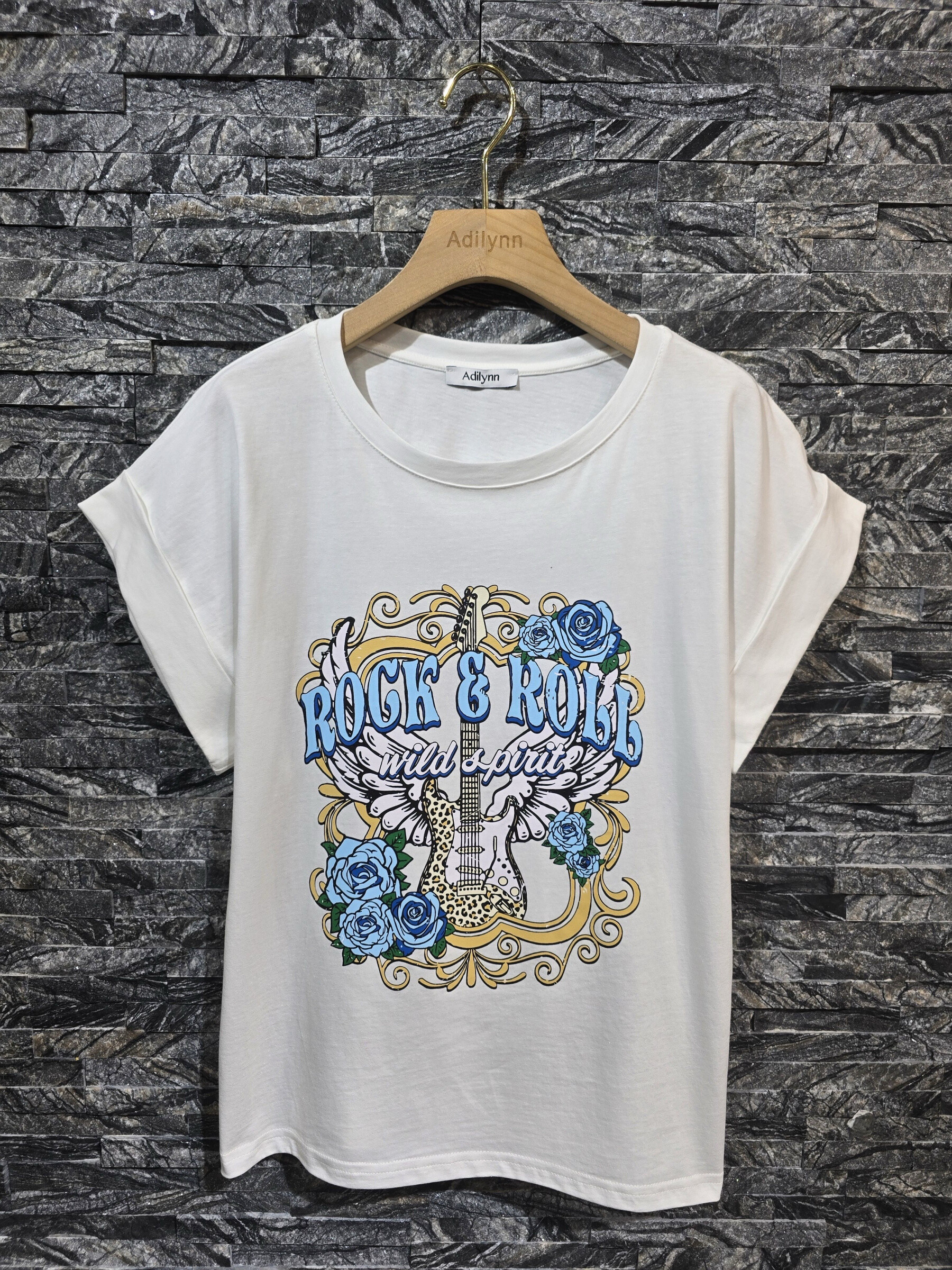 Großhändler Adilynn - Baumwoll-T-Shirt, "Rock & Roll" -Druck, runden Hals, kurze Ärmel mit Rückwärts