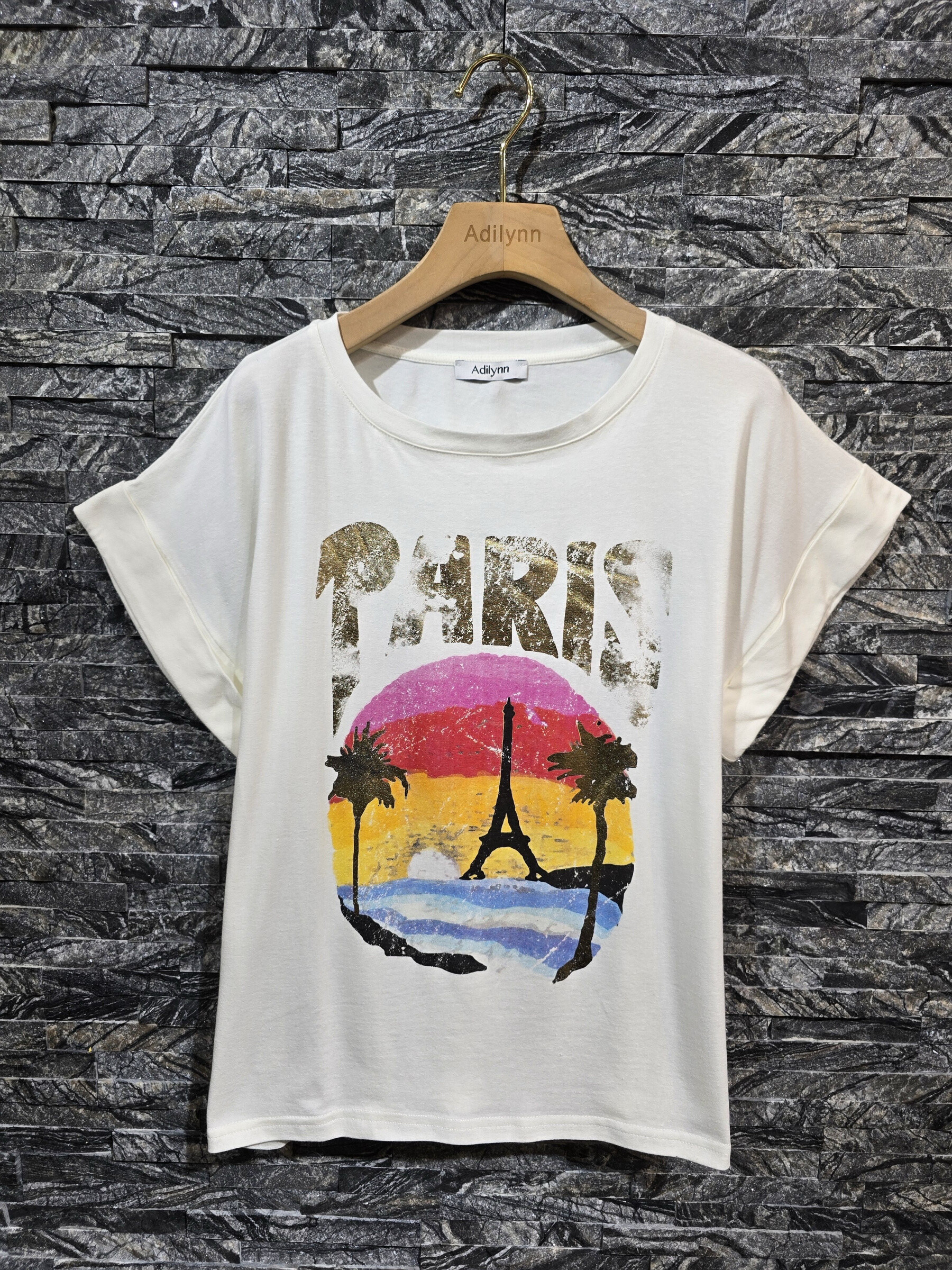 Wholesaler Adilynn - Cotton t-shirt, "Paris" palm print, round neck, short sleeves with reverse